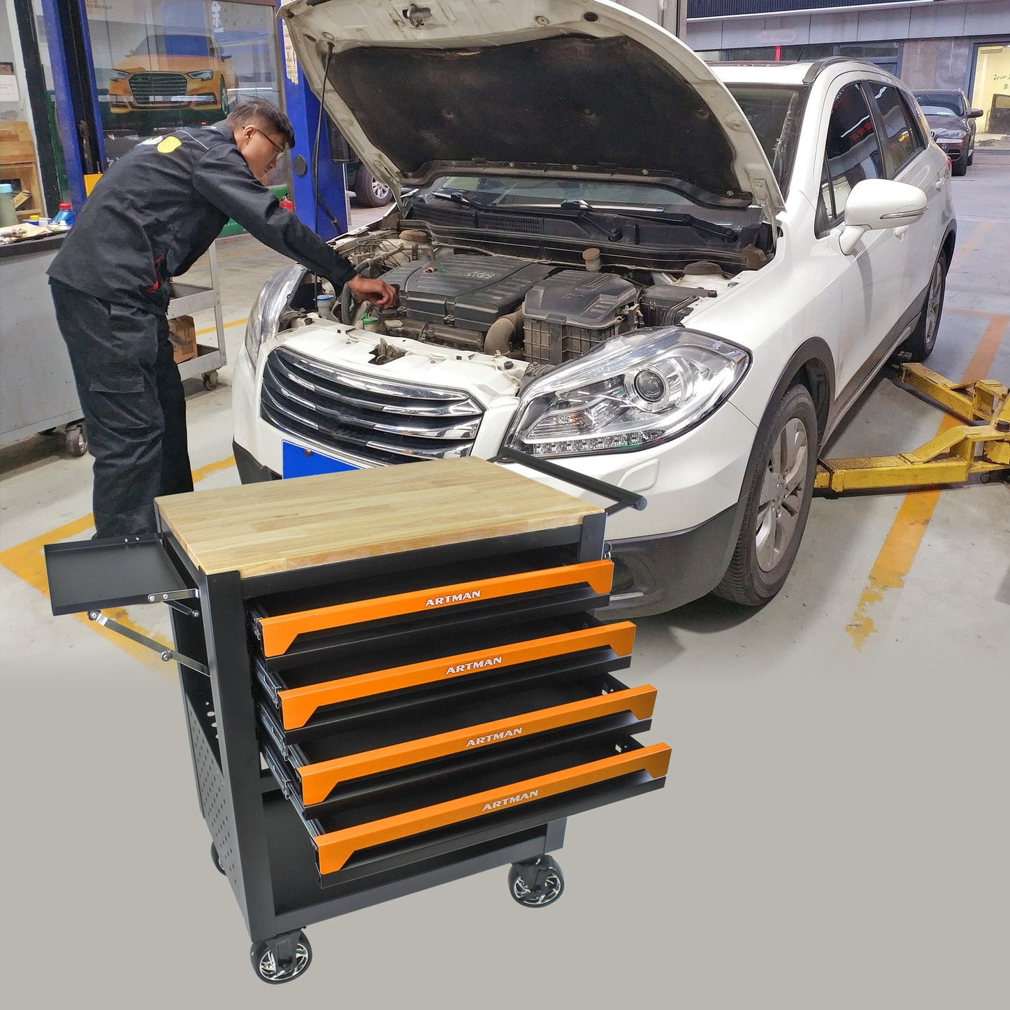 4 Drawers Multifunctional Tool Cart With Wheels And Wooden Top