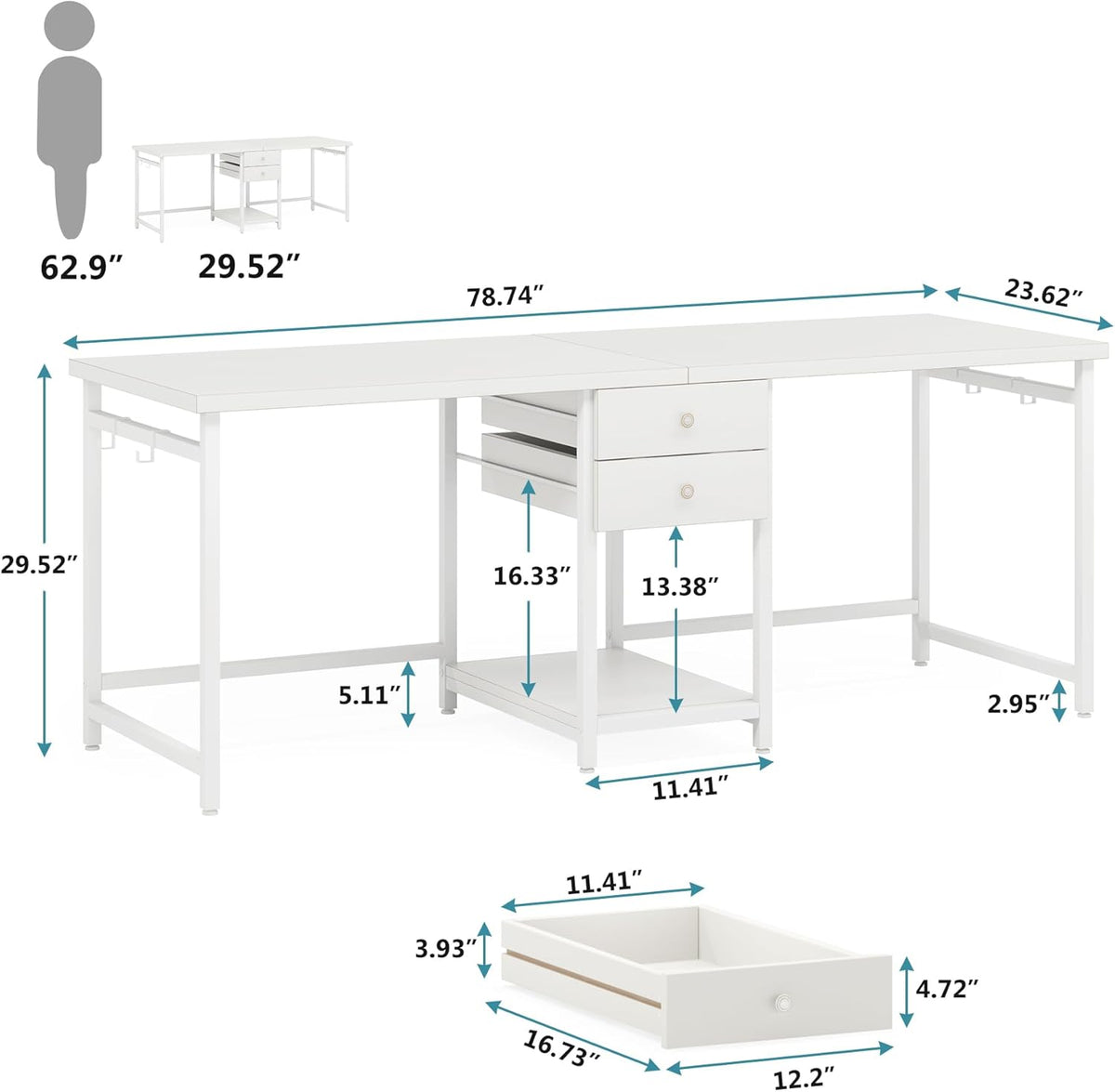 79-Inch Two Person Computer Desk with Drawers and Storage Shelves