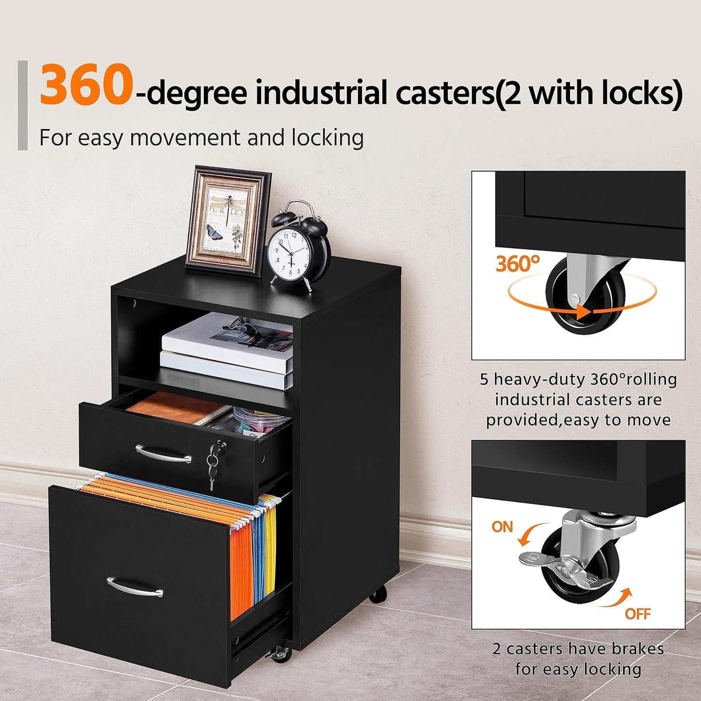 Black Under Desk File Cabinet 2 Drawers Lockable Wheels