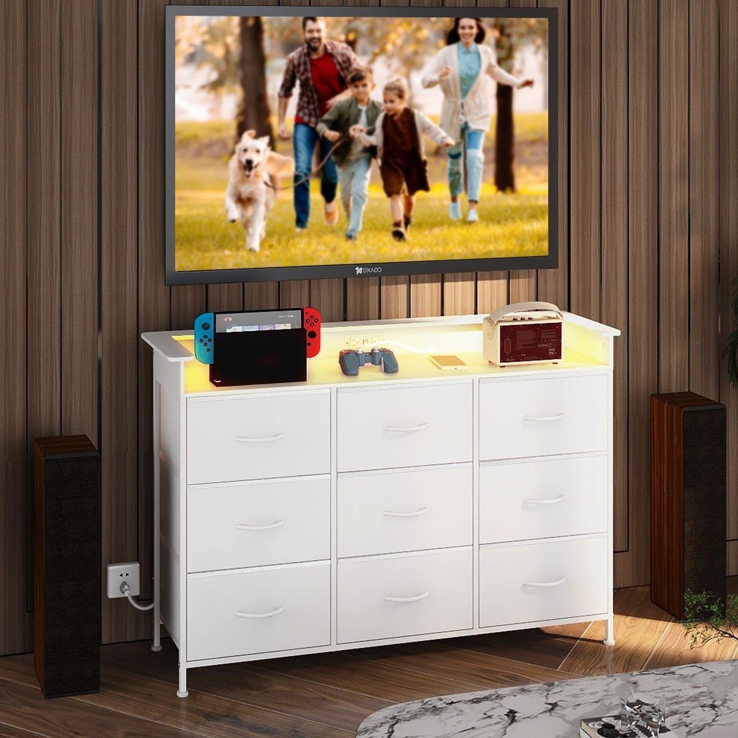 White Dresser With Integrated LED Lighting And Charging