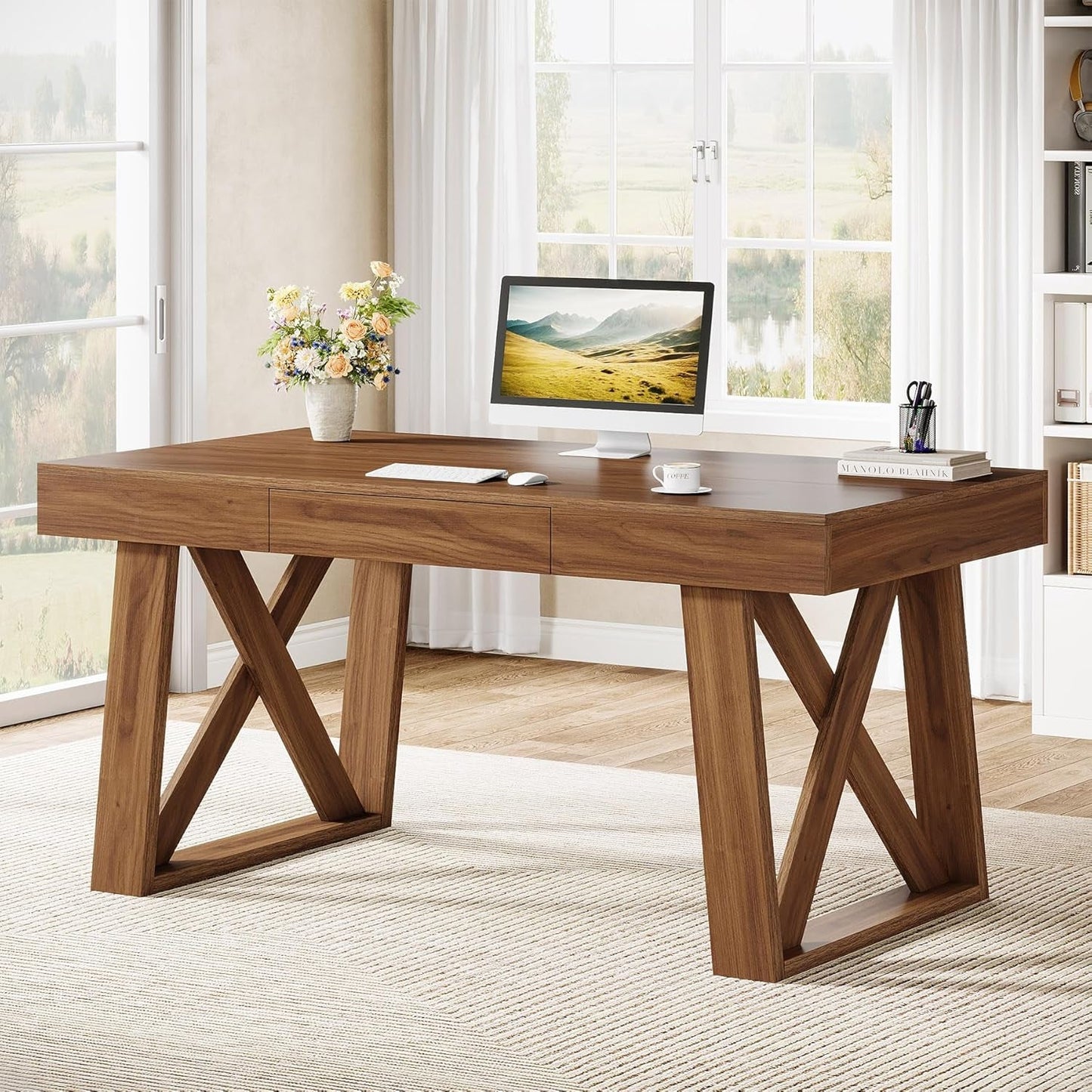 55 Inch Wide Walnut Finish Distressed Executive Desk