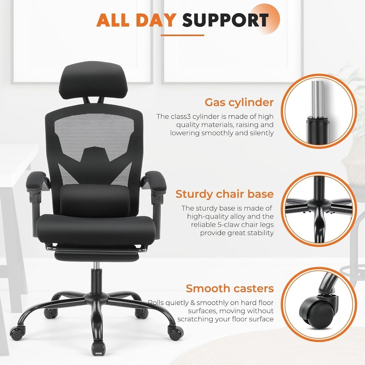 Black Ergonomic Office Desk Chair With Lumbar Support