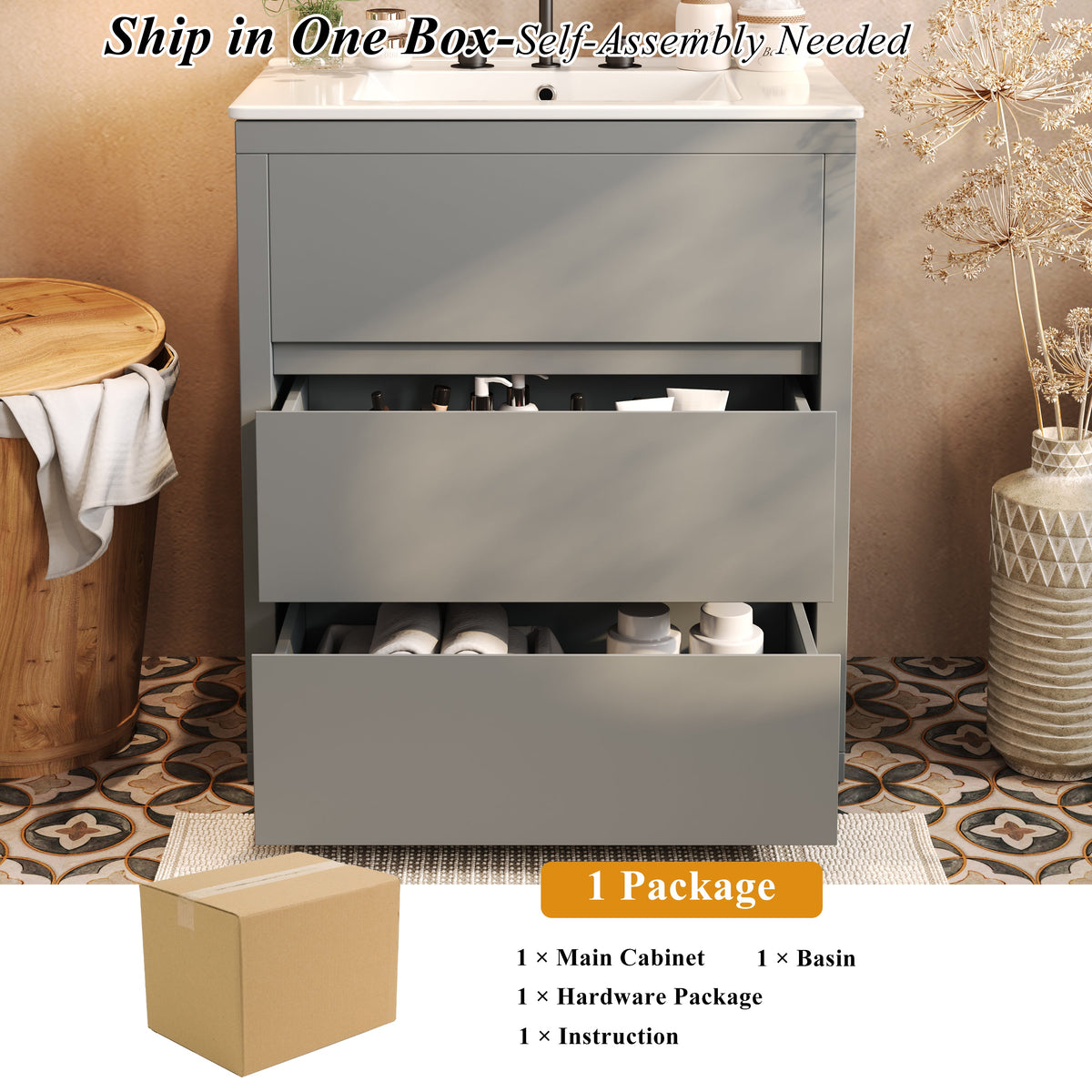 30" Bathroom Vanity with Ceramic Sink and 2 Full-Extension Drawers