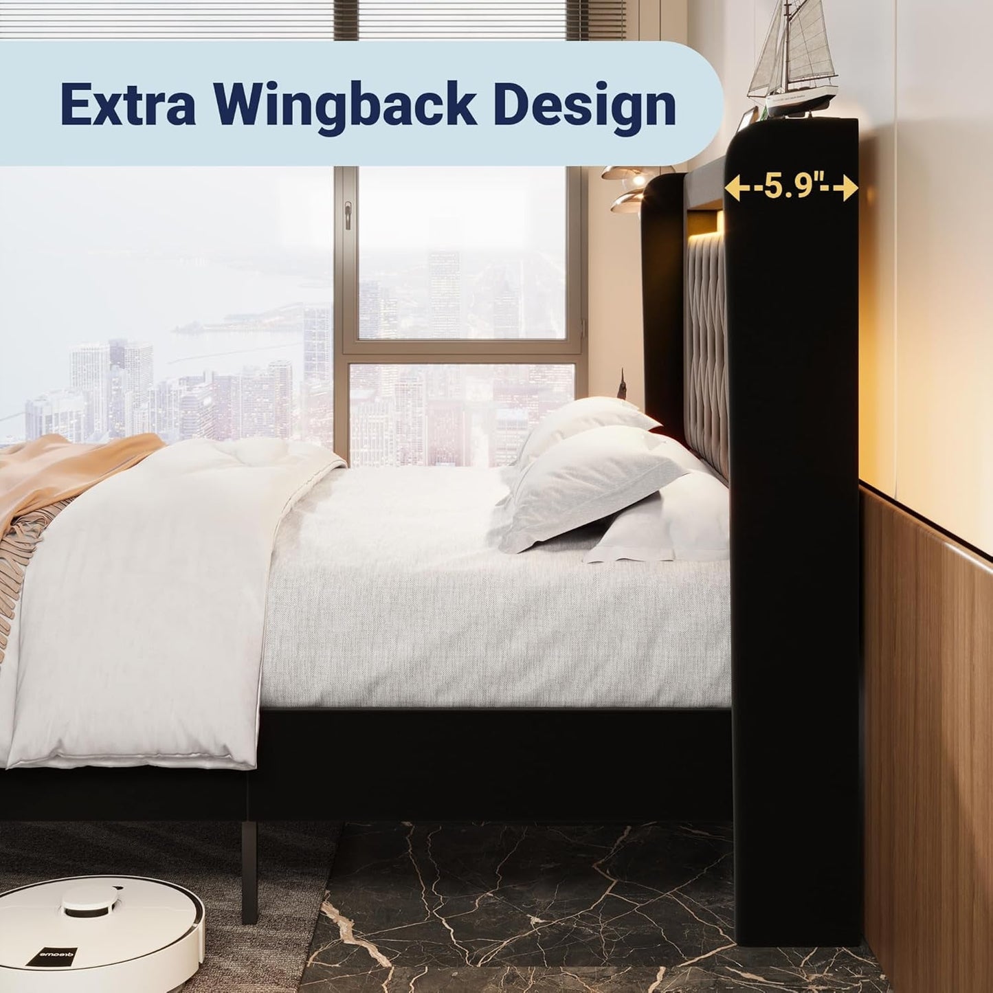 Full Size Bed Frame LED Lighting And USB Charging Black