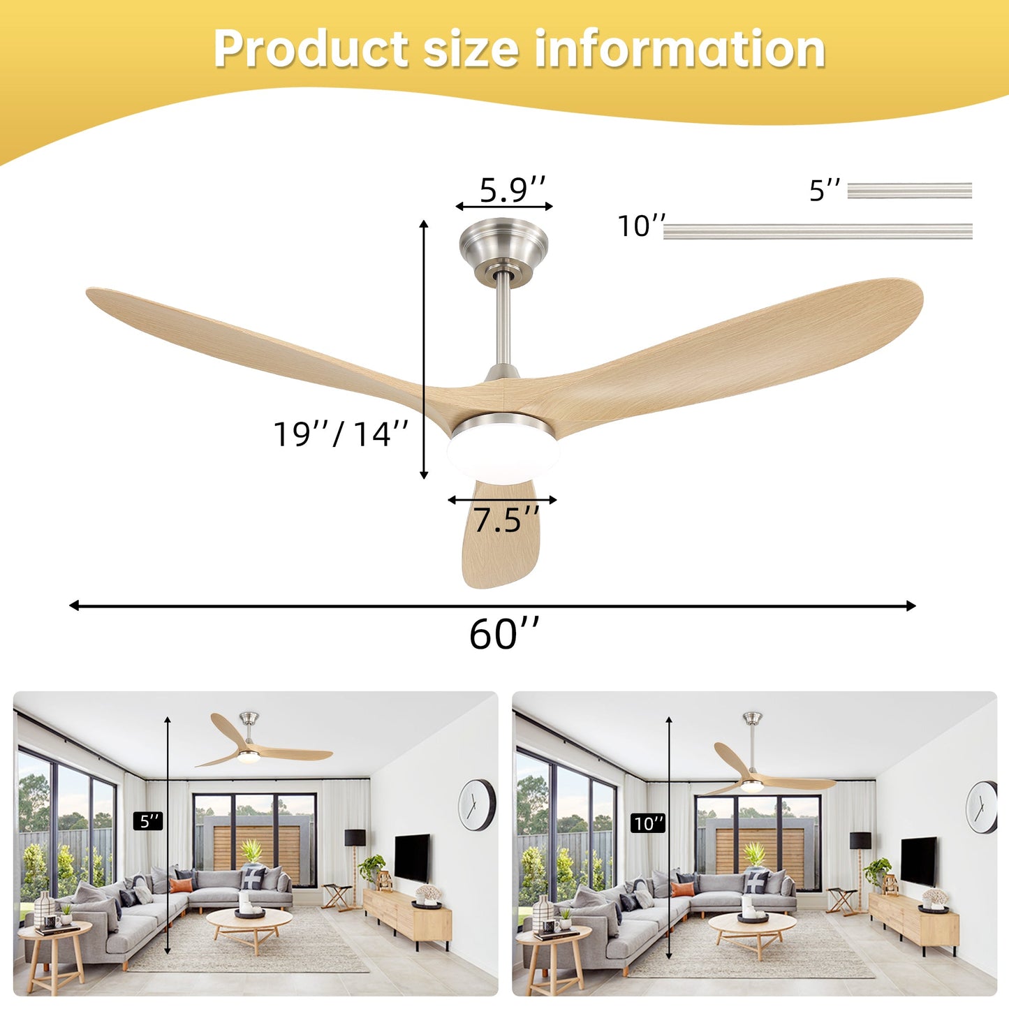 60 Inch Smart Ceiling Fan with Light Dimmable LED