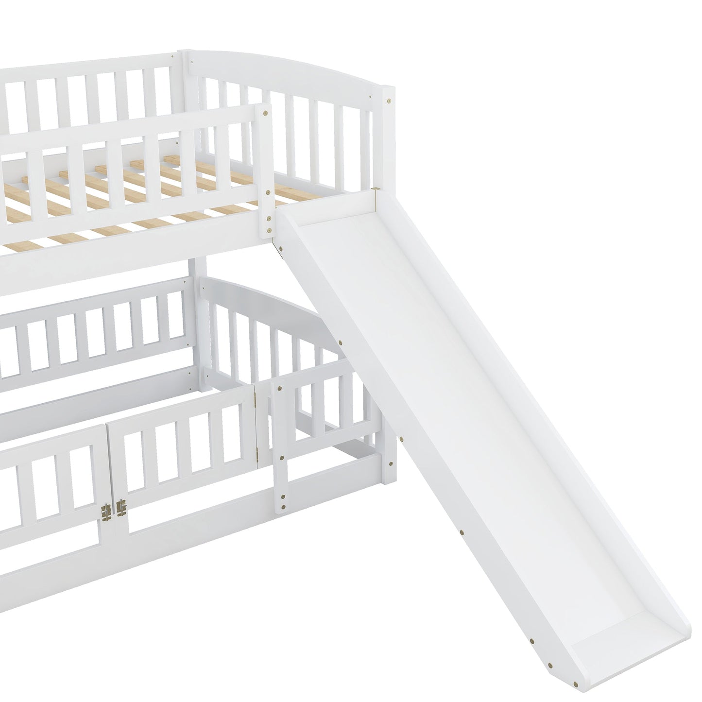 Bunk Bed with Slide,Twin Over Twin Low Bunk Bed with Fence and Ladder for Kids Teens White