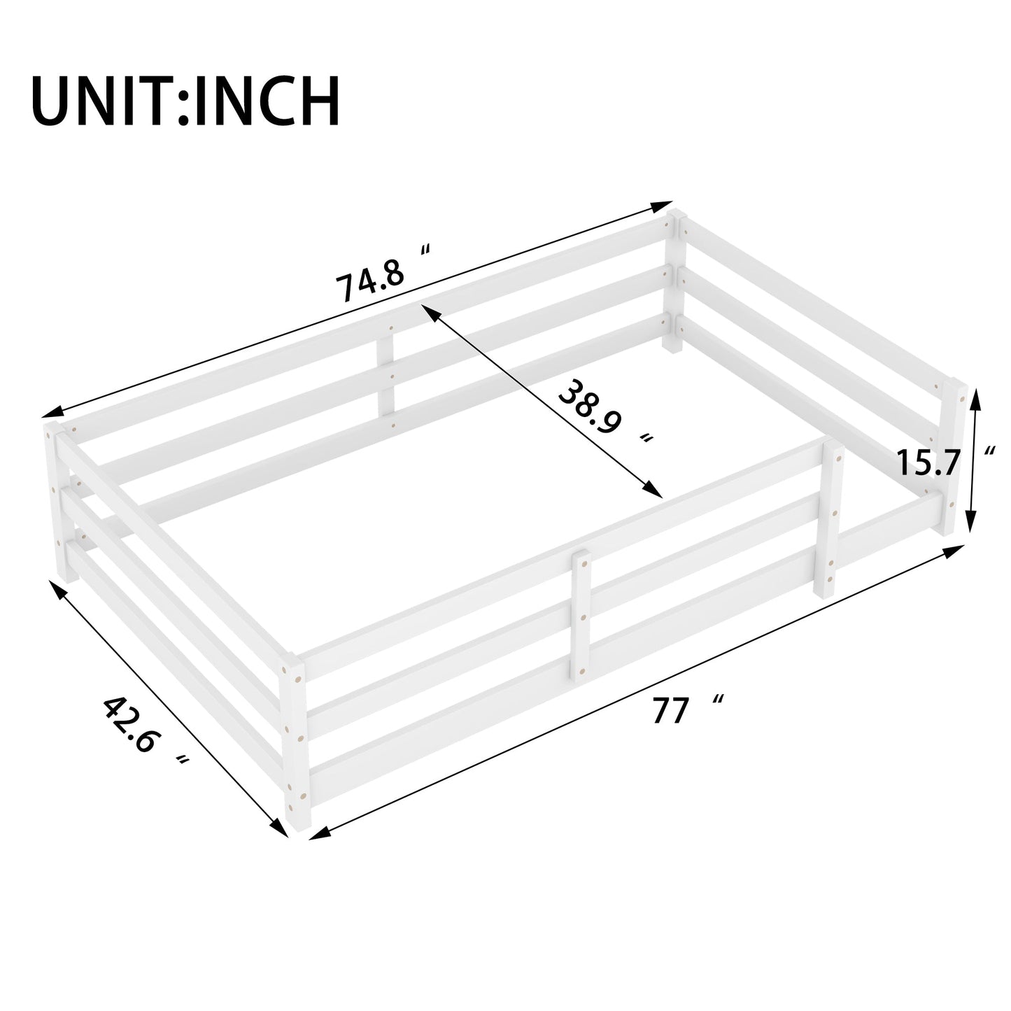 Montessori Twin Size Floor Bed with Fence, White