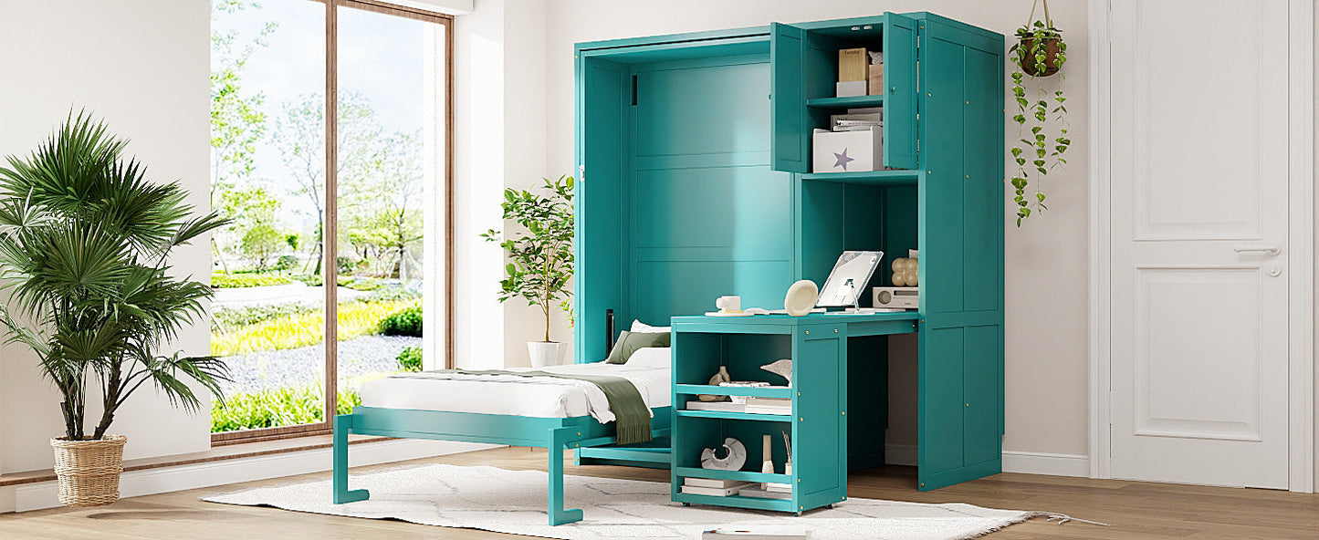 Twin Size Rotating Wall Murphy Beds with Bookshelf, Top Cabinet, Extendable Desk & Side Storage, Teal