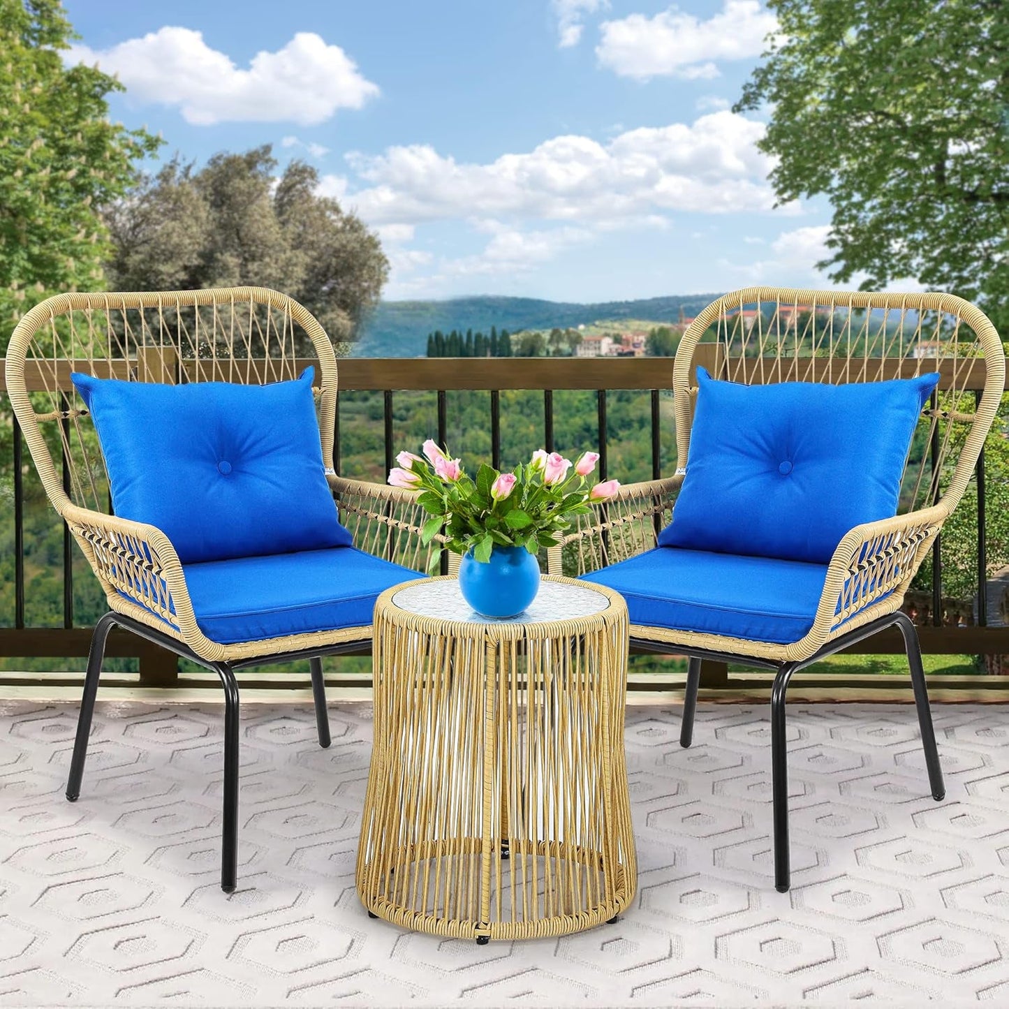Outdoor Wicker Patio Bistro Set 3 Piece With Glass Table