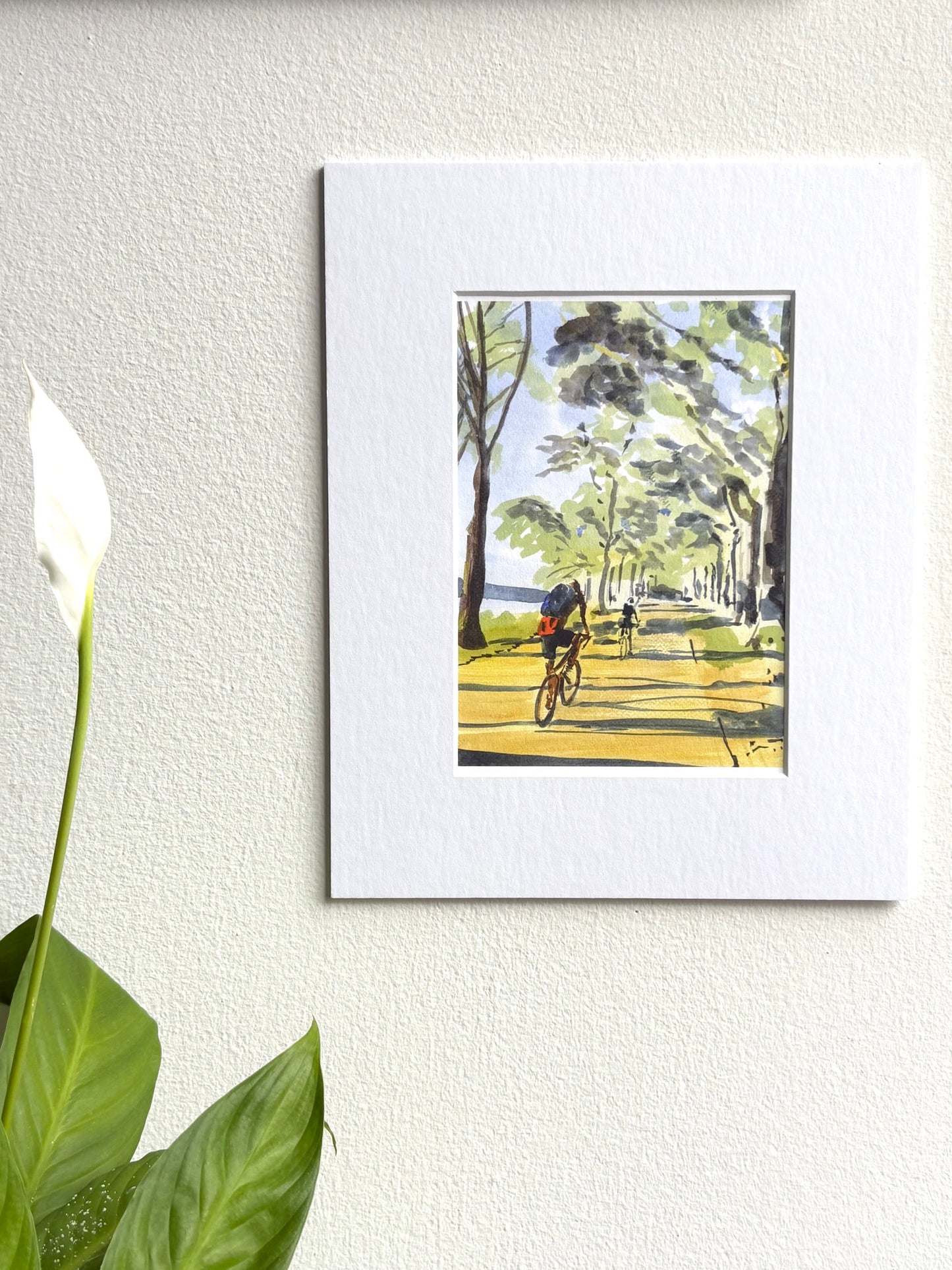 Biking in the Light, Manhattan, Hudson River, watercolor painting