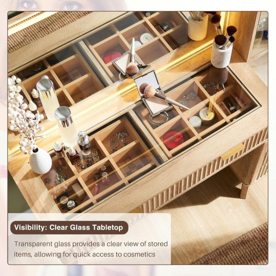 48" Fluted Makeup Vanity Desk with Large 36" Mirror and Lights, Modern