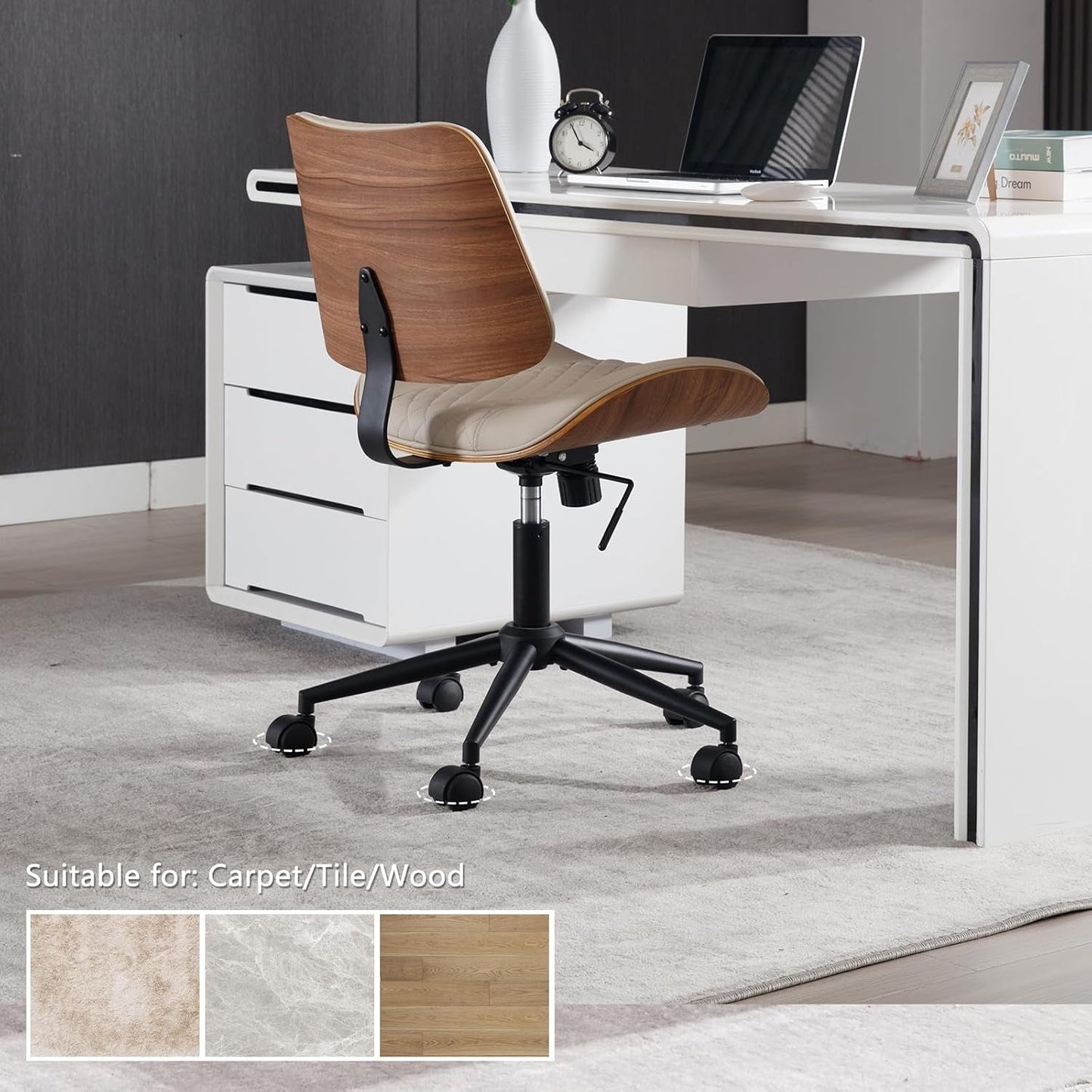Armless Office Chair With Wheels Beige PU Leather Ergonomic