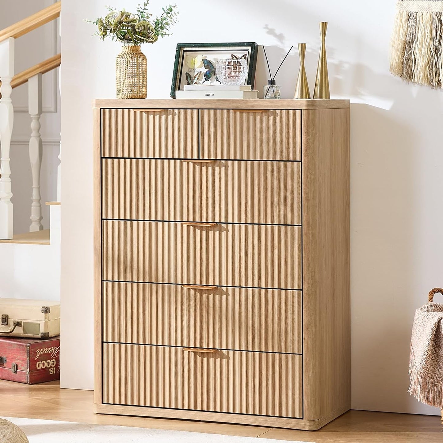 Distressed Fluted Dresser Featuring Six Drawers 42Inch