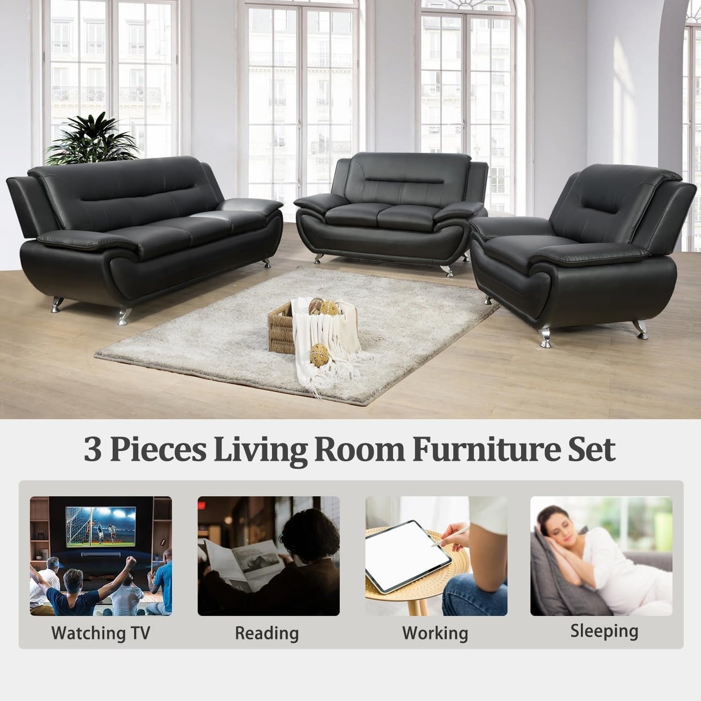 Faux Leather 3 Piece Modern Living Room Sofa Set Black