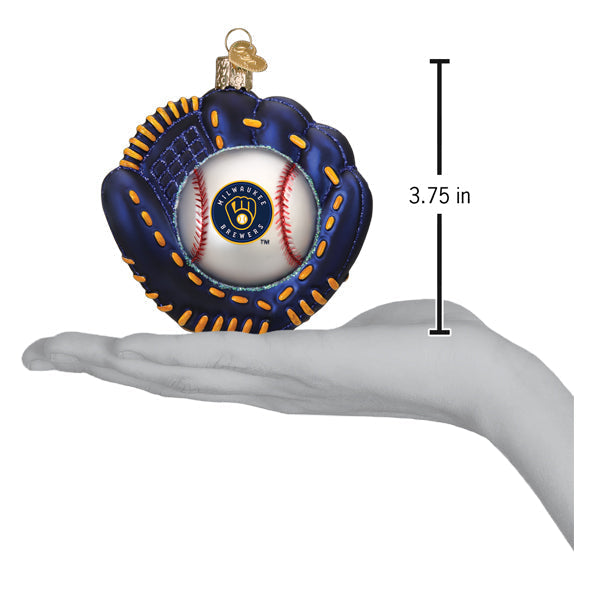 Brewers Baseball Mitt Ornament held in a hand, measuring 3.75 inches, featuring the Milwaukee Brewers logo.