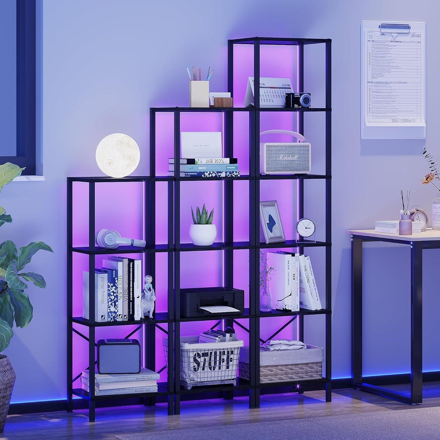 6 Tier LED Bookshelf Black Tall Narrow Living Room Display