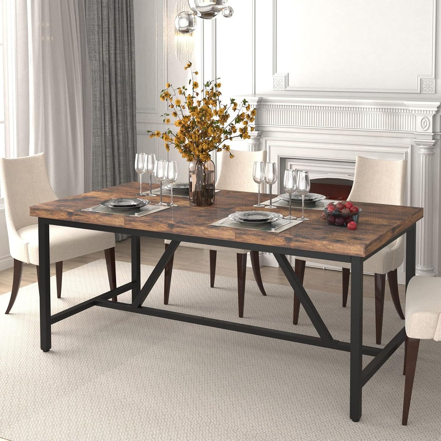 70.8 Inch Rustic Brown Farmhouse Dining Table For 6 To 8 People