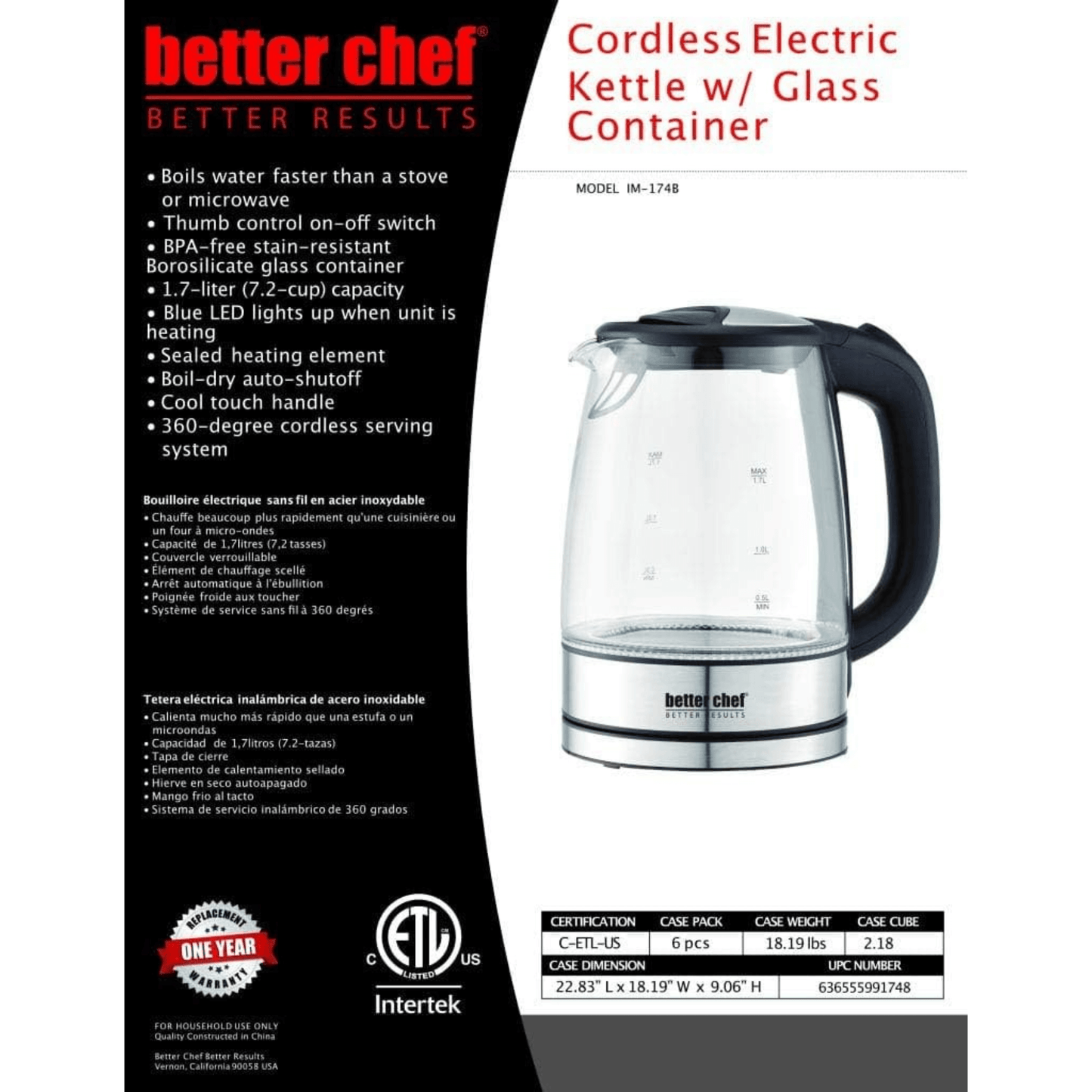 Better Chef 1100W 7-Cup Cordless Electric Borosilicate Glass Kettle