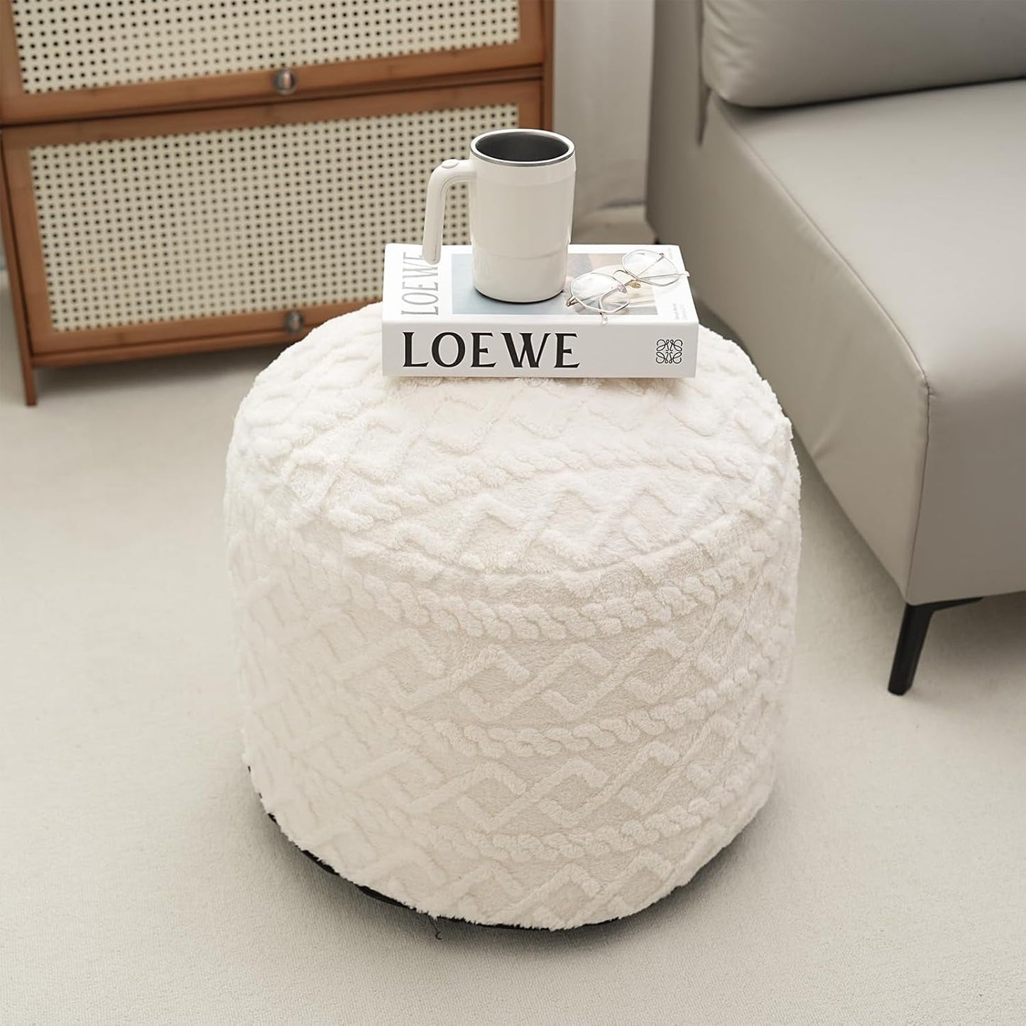 Beige Velvet Texture FauxFur Memory Foam Round Ottoman