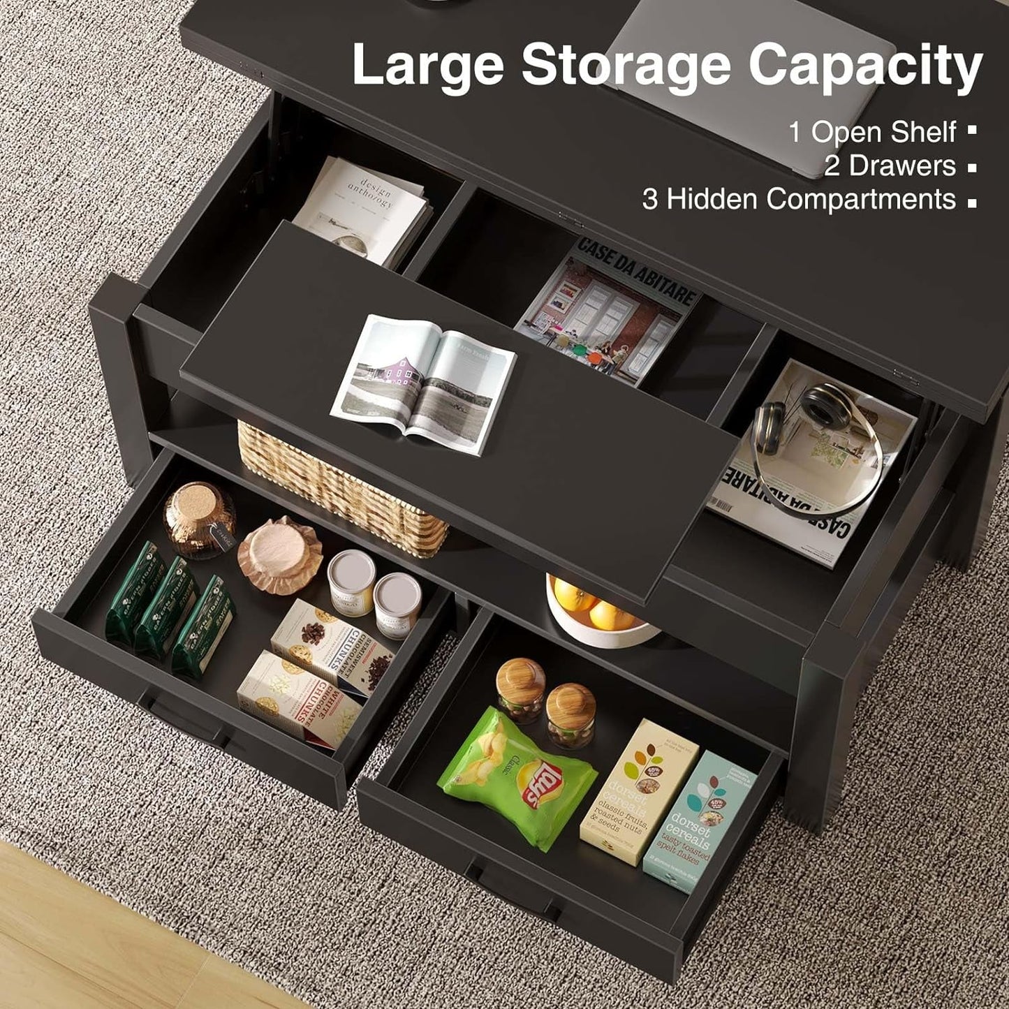 Lift Top Coffee Table With Drawers And Hidden Compartment Black