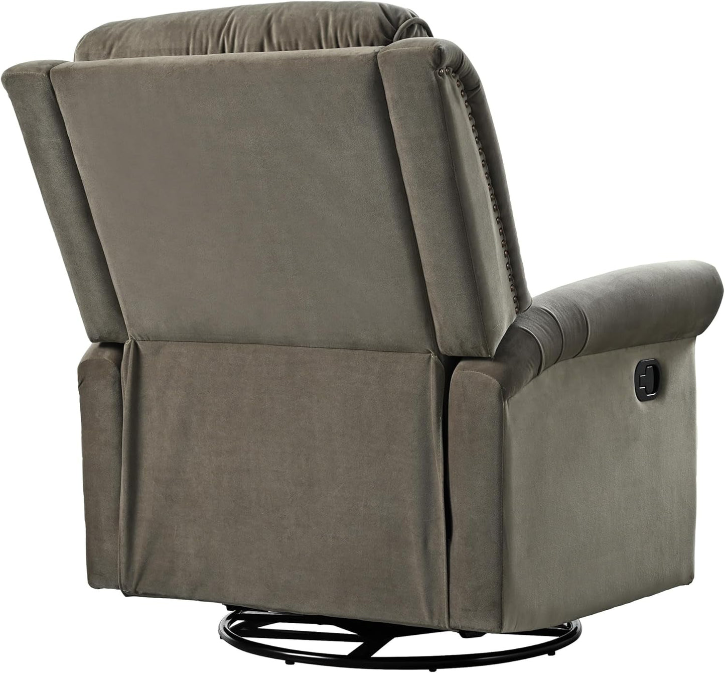 Light Brown Velvet Swivel Rocker Recliner Nailhead Trim