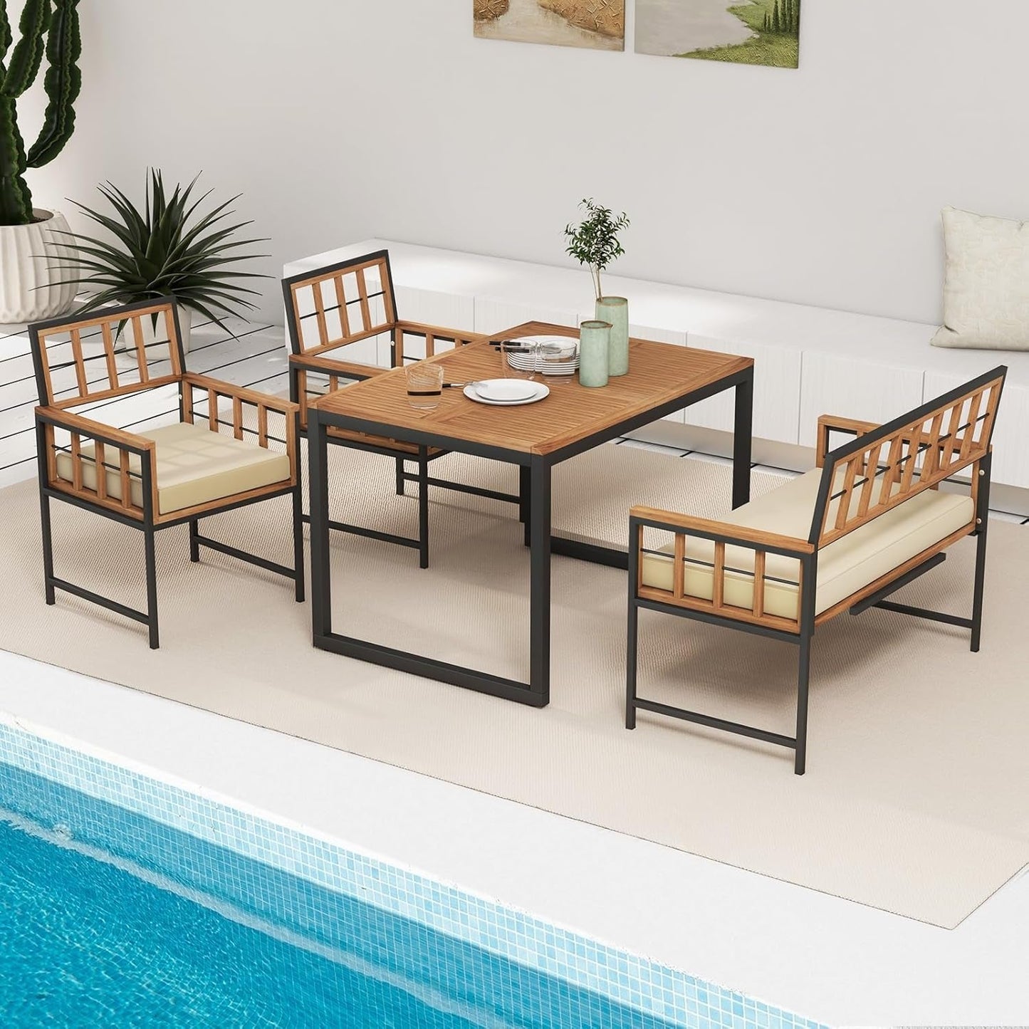 4 Piece Patio Dining Set With 47 Inch Acacia Table