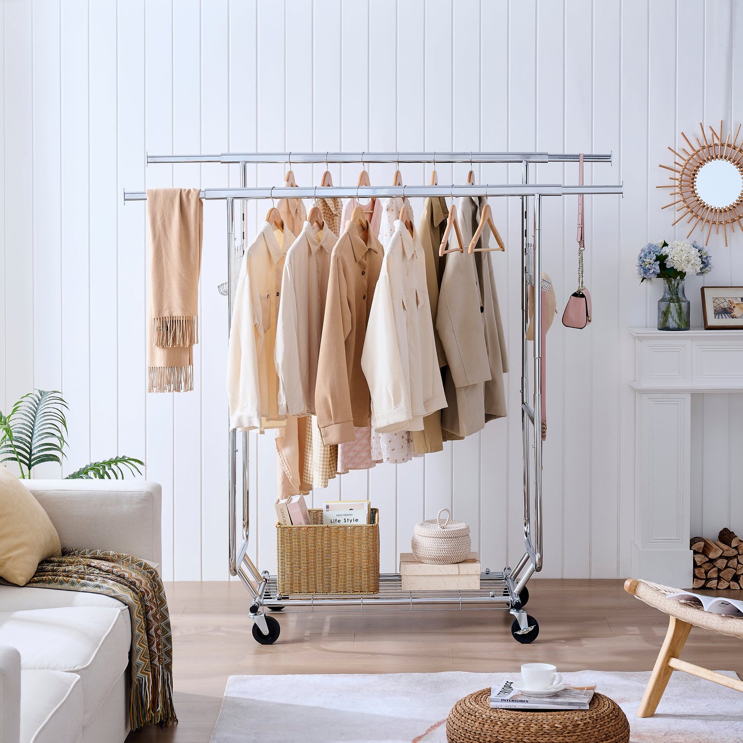 Double Clothing Garment Rack with Shelves