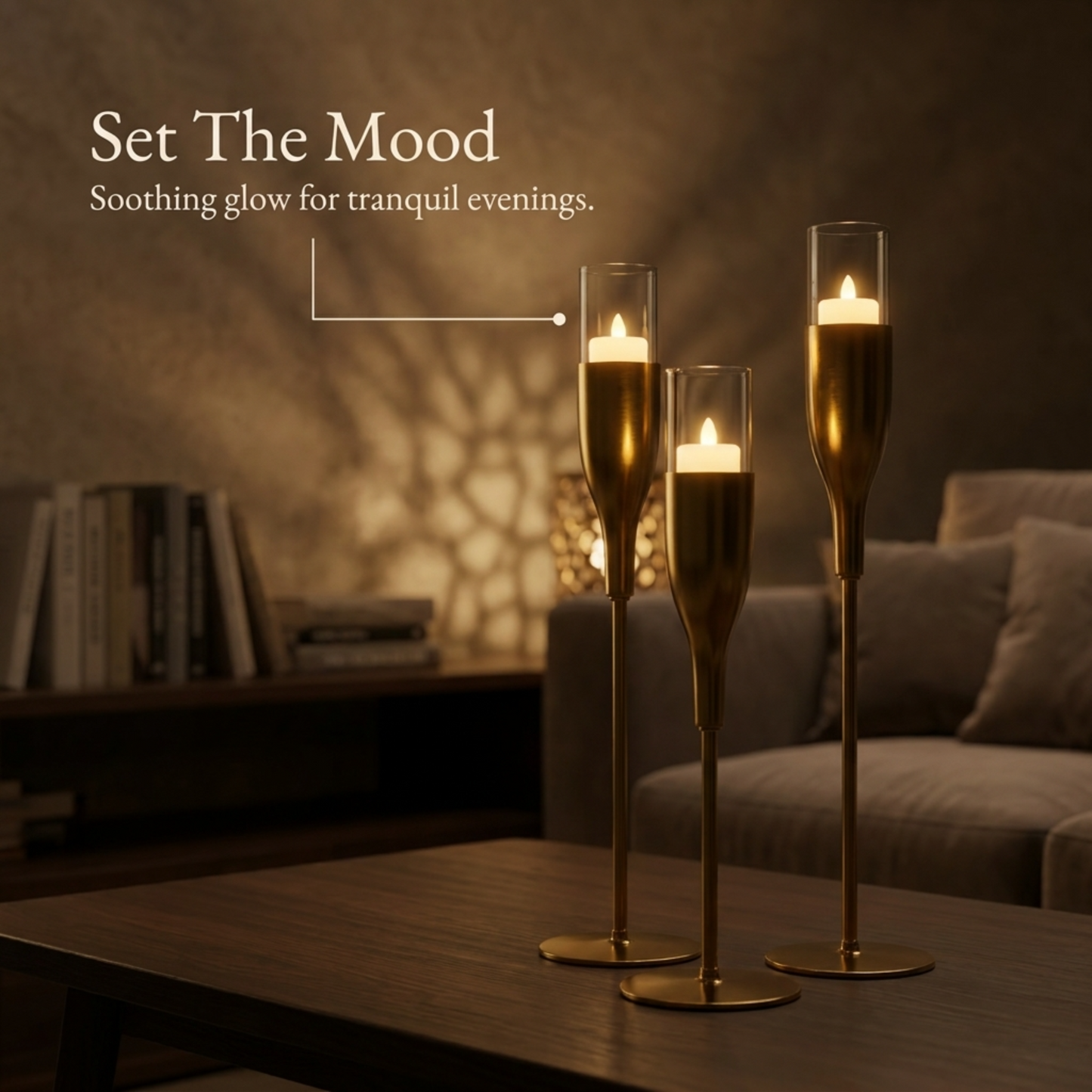 Gold Candle Holder - Wine Glass Flute Set of 3 Elegant Indoor Decor