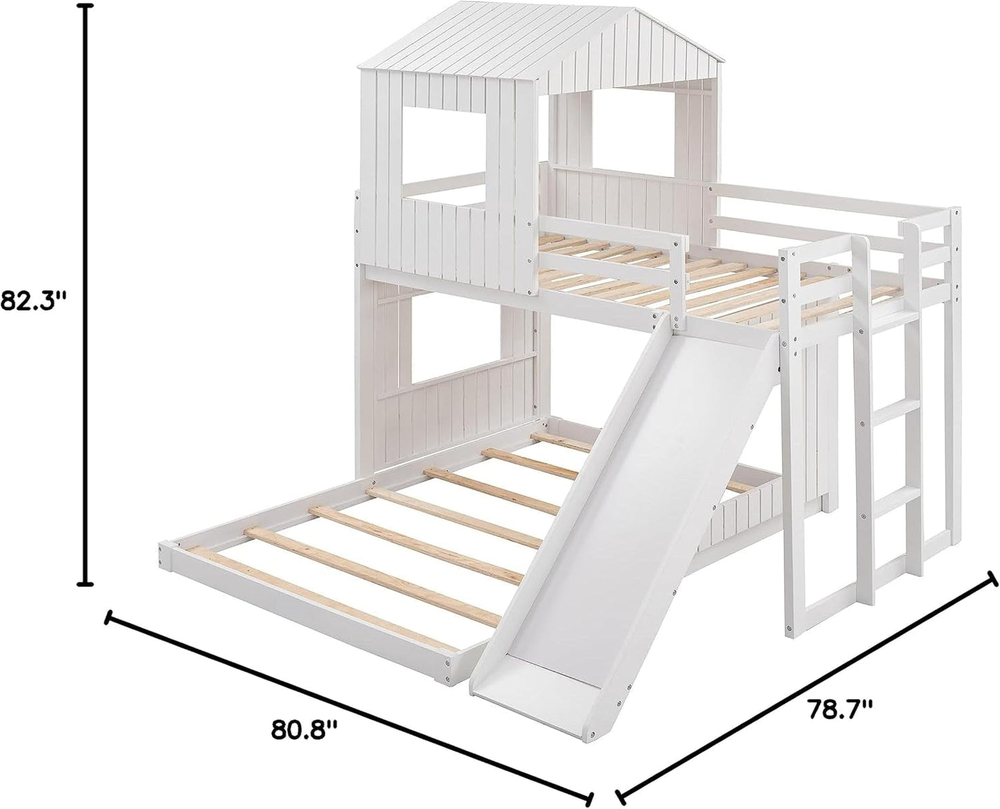 Twin Over Full Bunk Bed With Slide With Guardrails White