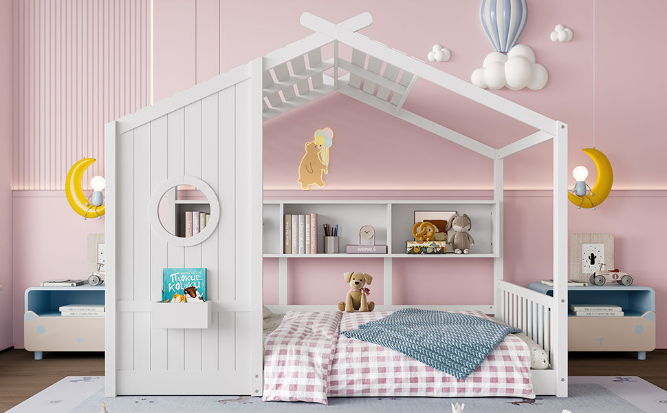 Full Size Floor House Bed for Toddler, Kids Montessori Bed with Storage Shelf, Playhouse Bed with Roof Design, White