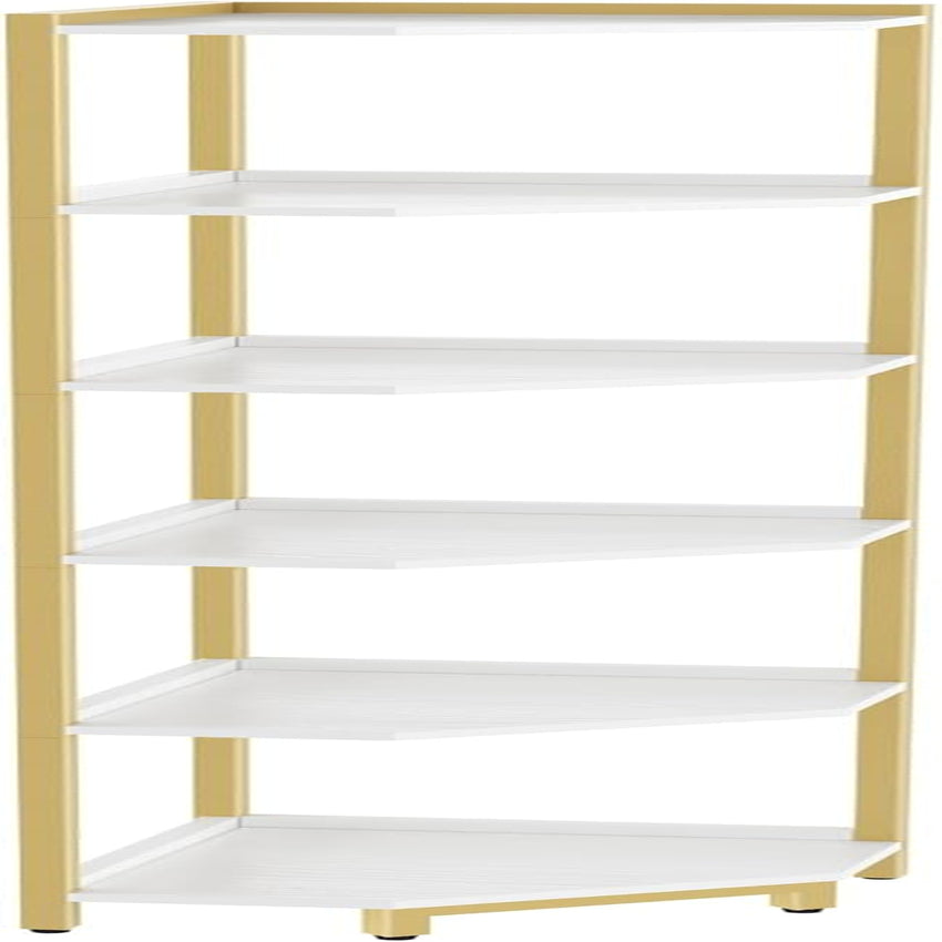 6-Tier Corner Shelf Stand White Gold Finish For Living Room
