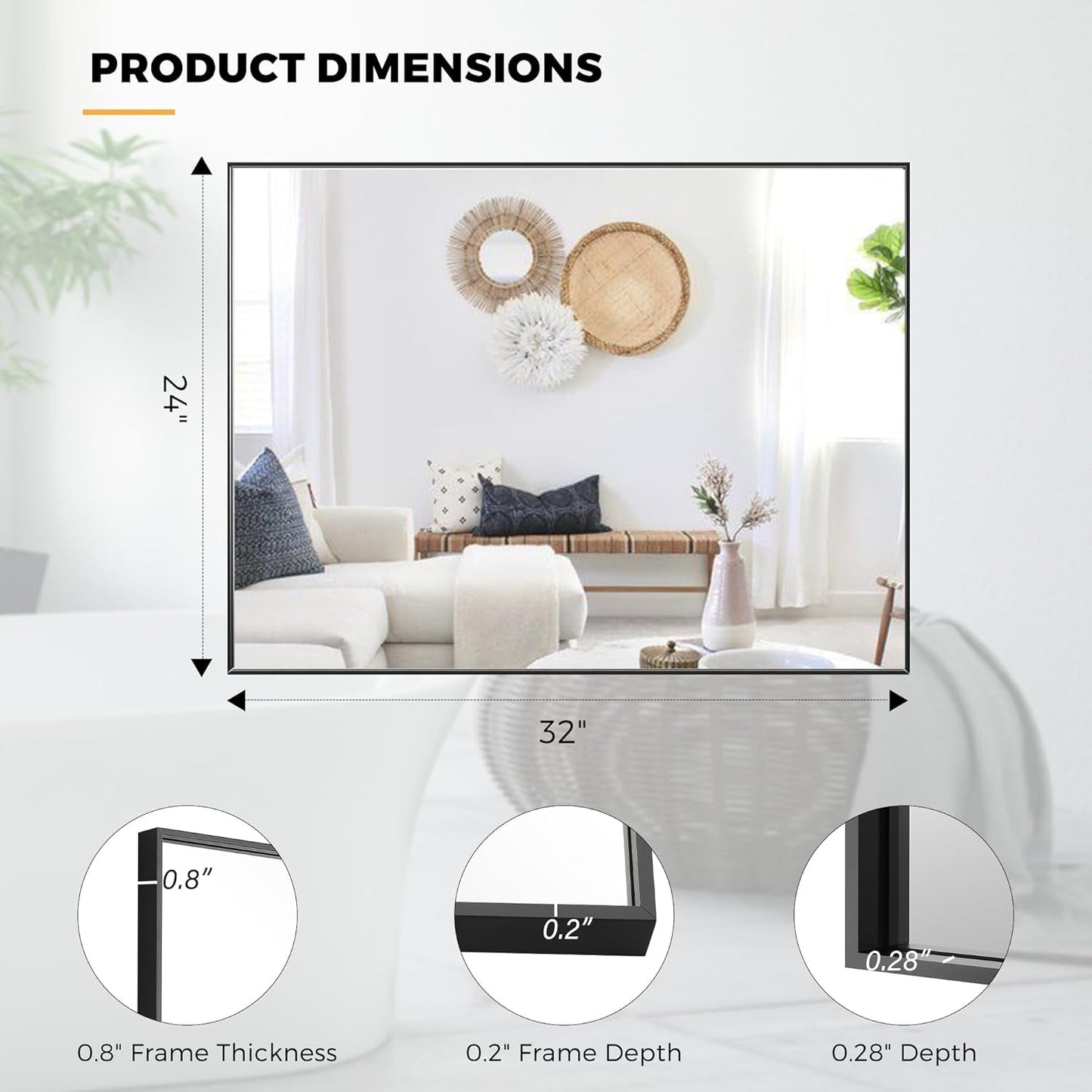 24X32 Inch Black Aluminum Frame Wall Mirror For Bathroom Vanity Horizontal Or Vertical Mount