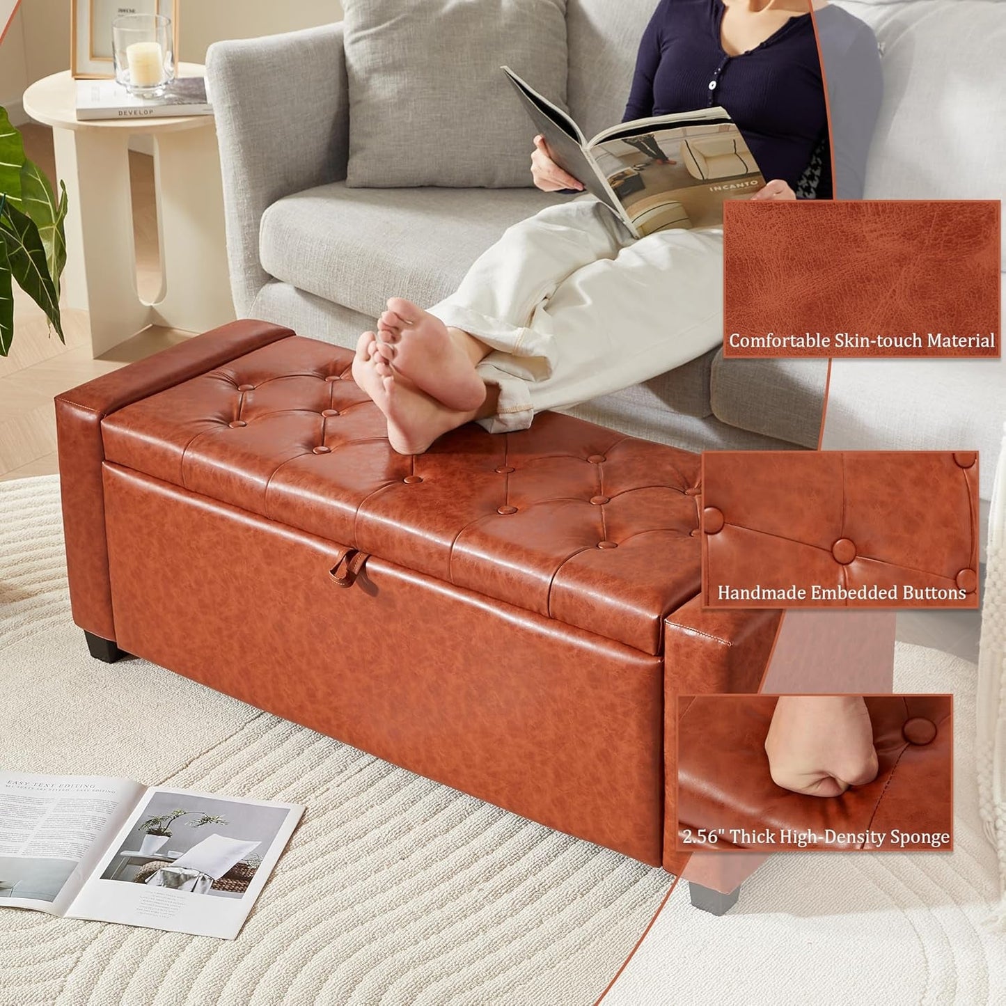 Storage Ottoman Tufted Leather Reddish Brown Bench