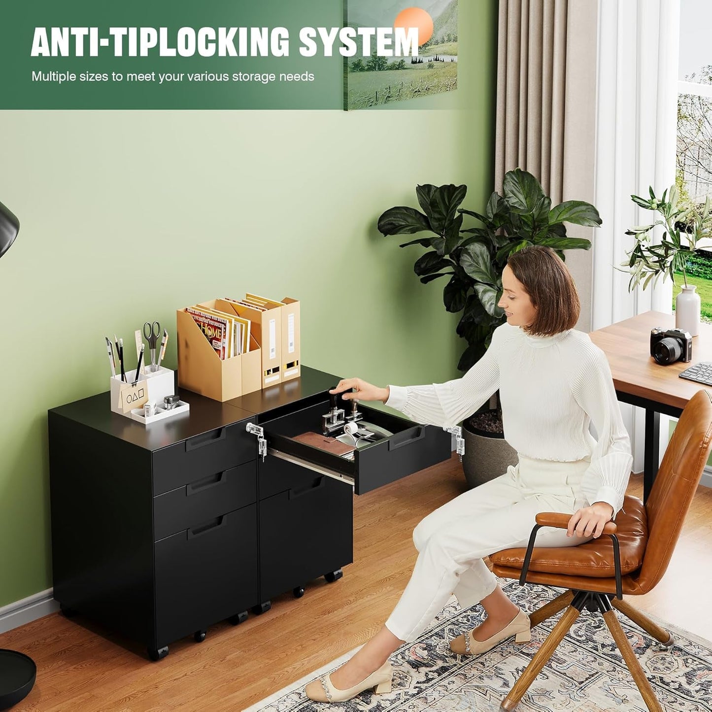 3 Drawer Mobile File Cabinet With Lock In Black Metal Under Desk Organizer For Letters Legal A4