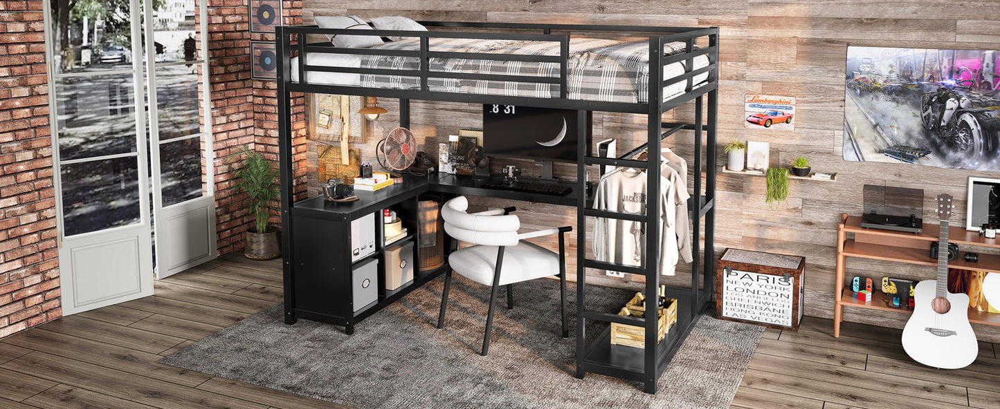 Metal Loft Bed with Wardrobe and L-shaped Desk, Twin Size Loft Bed with Storage Cubes and Shelves, Loft Bed for Kids Teens Adults, Black