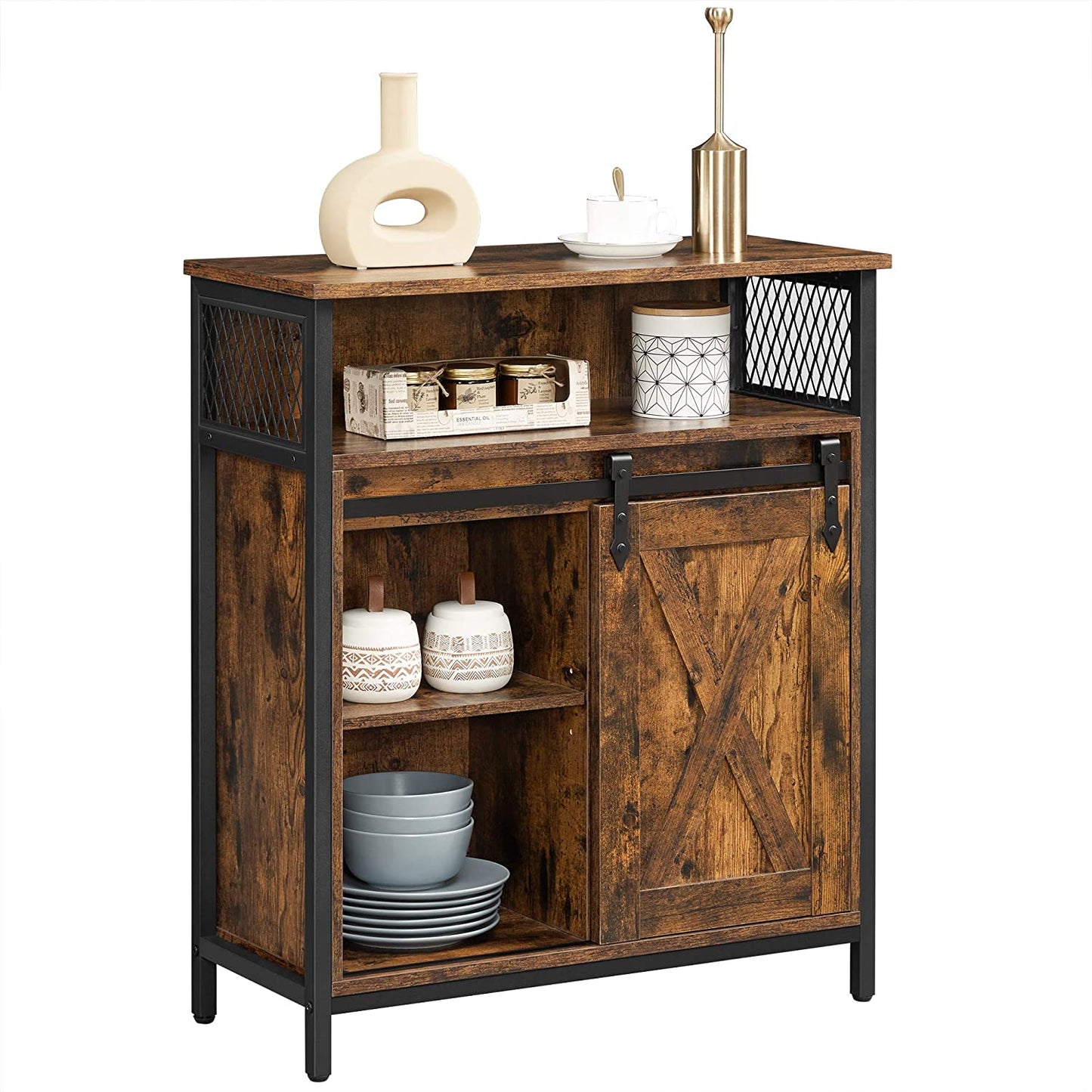 Brown Storage Cabinet with Barn Doors and Shelves
