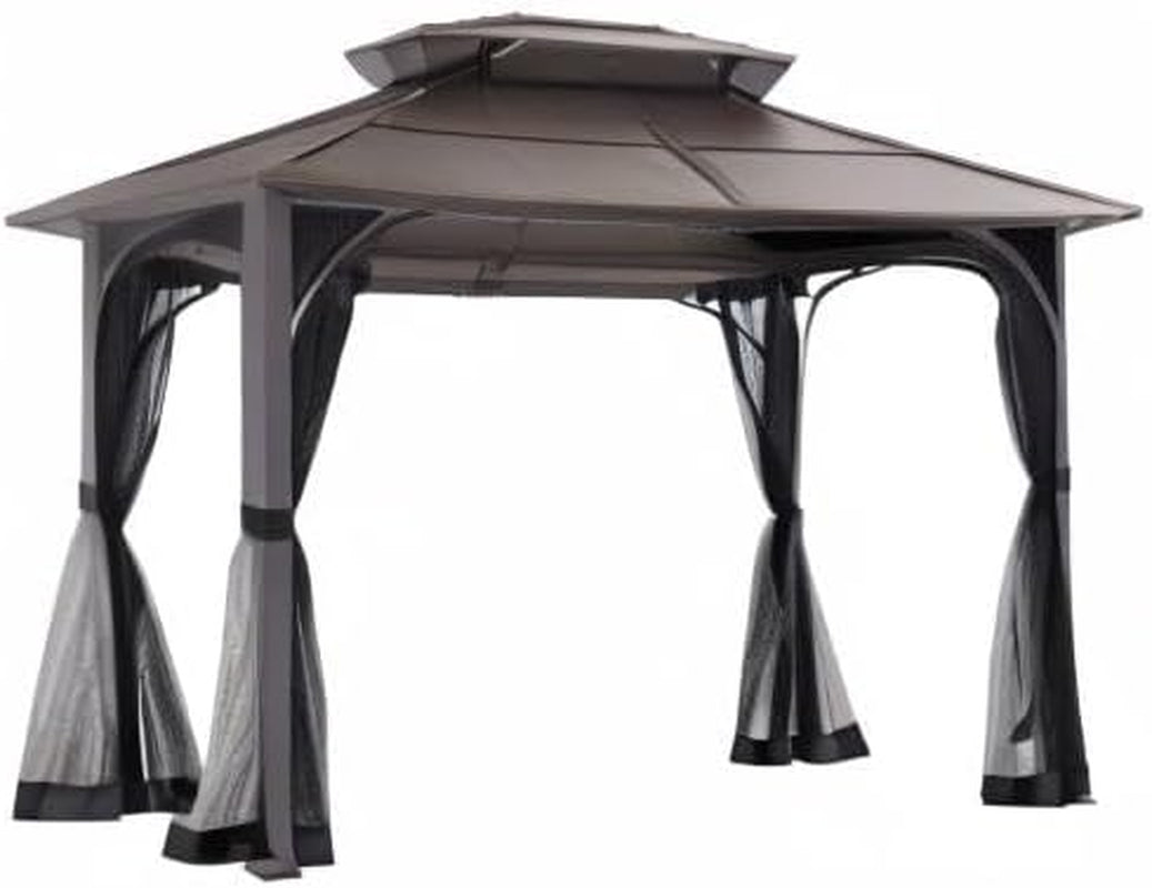 10x12 Brown Hardtop Gazebo With Steel Frame And Netting For Outdoor Patio Garden Canopy Shelter