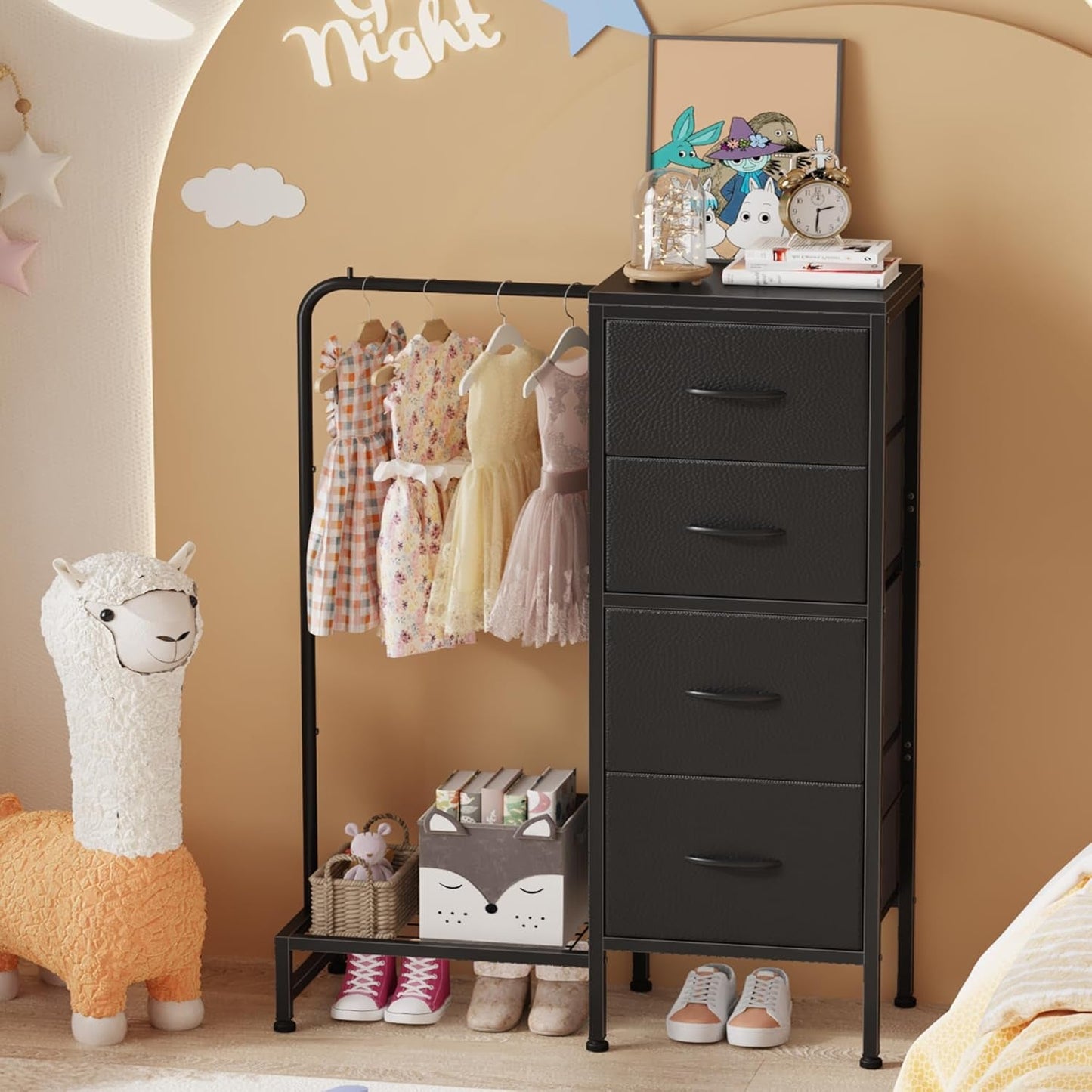 Dresser With Hanging Rack And 4 Drawers Black 44 Inch Tall