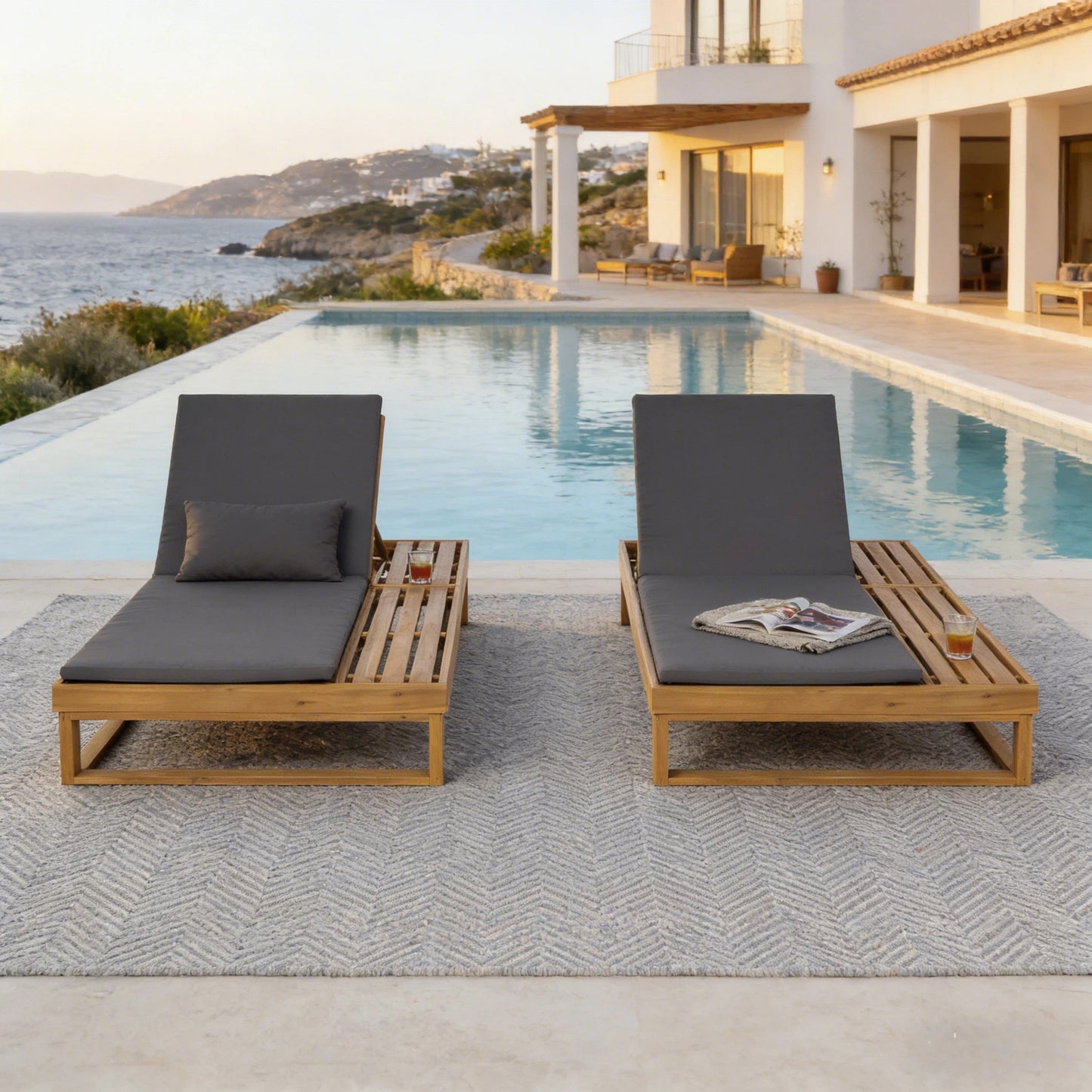 Teak Finish Acacia Wood Chaise Lounge with 1.57-Inch Cushion