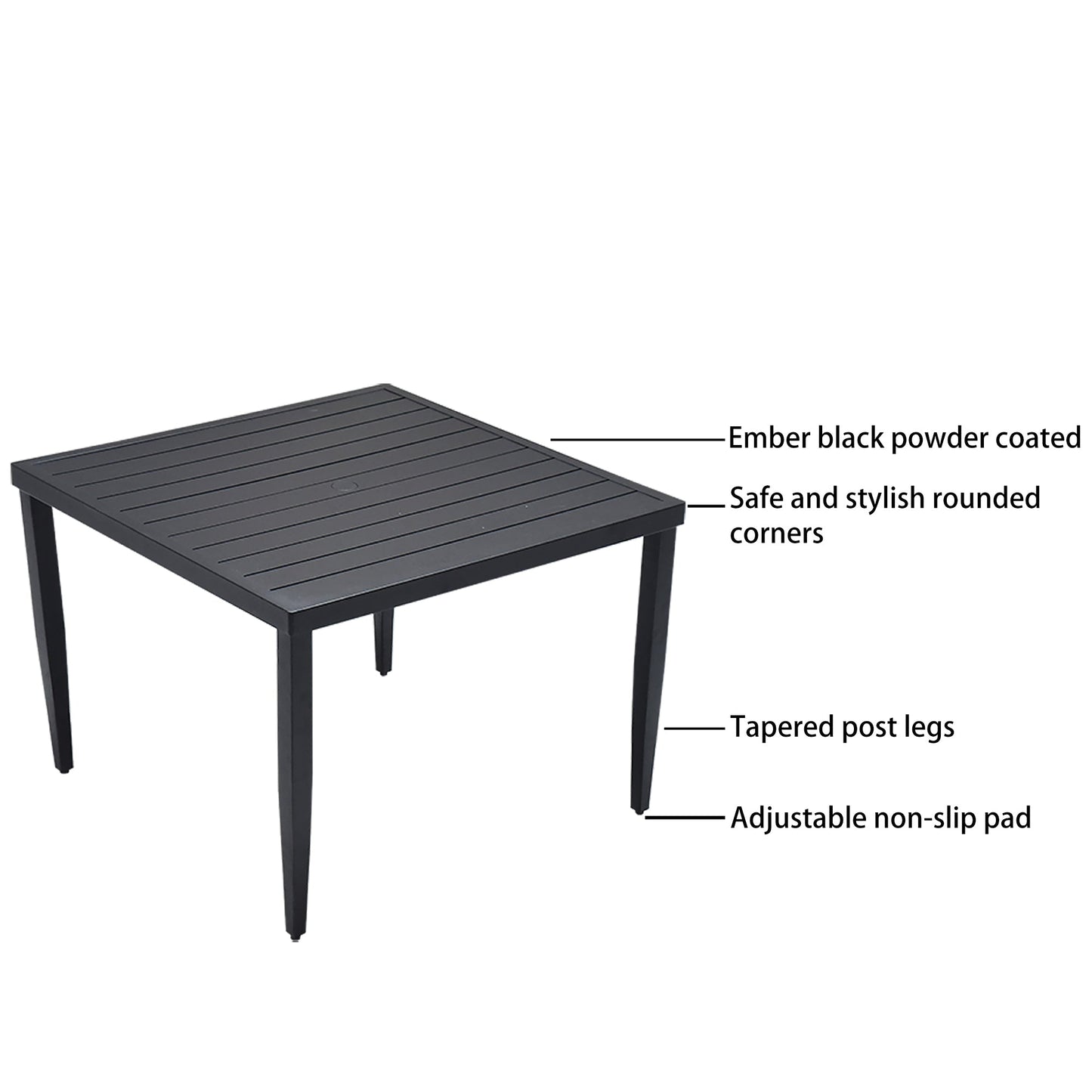 Outdoor Patio Aluminum 40'x40' Square Dining Table with Tapered Feet & 2'Umbrella Hole, Ember Black