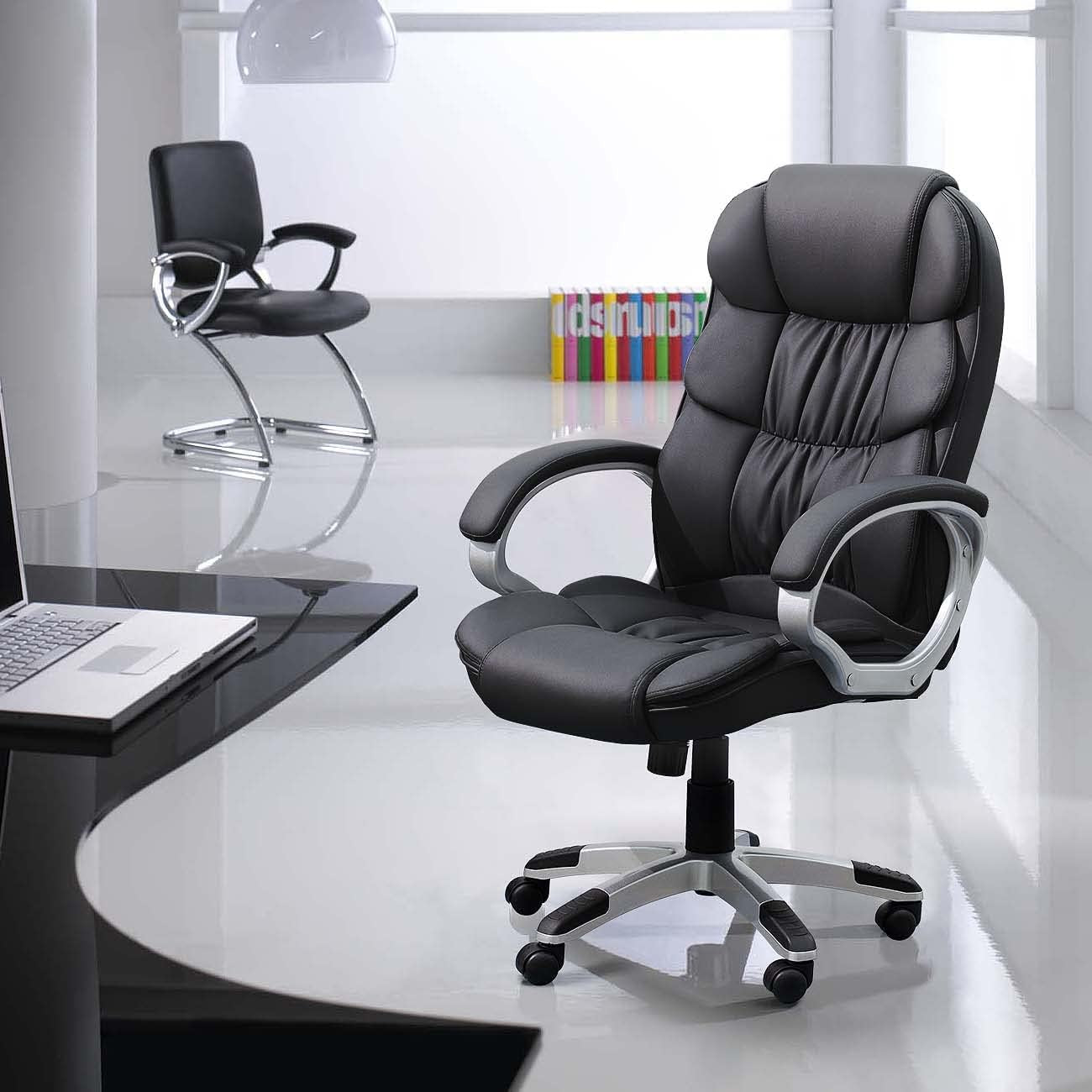 Black PU Leather Office Chair With Adjustable Height And Lumbar Support