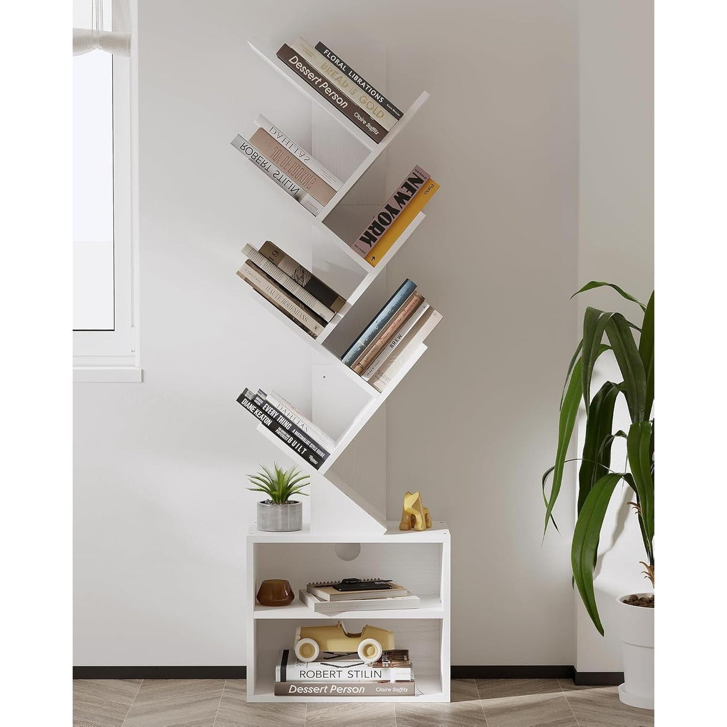 6 Tier Tree Bookshelf Tall Bookcase With Storage Cabinet White