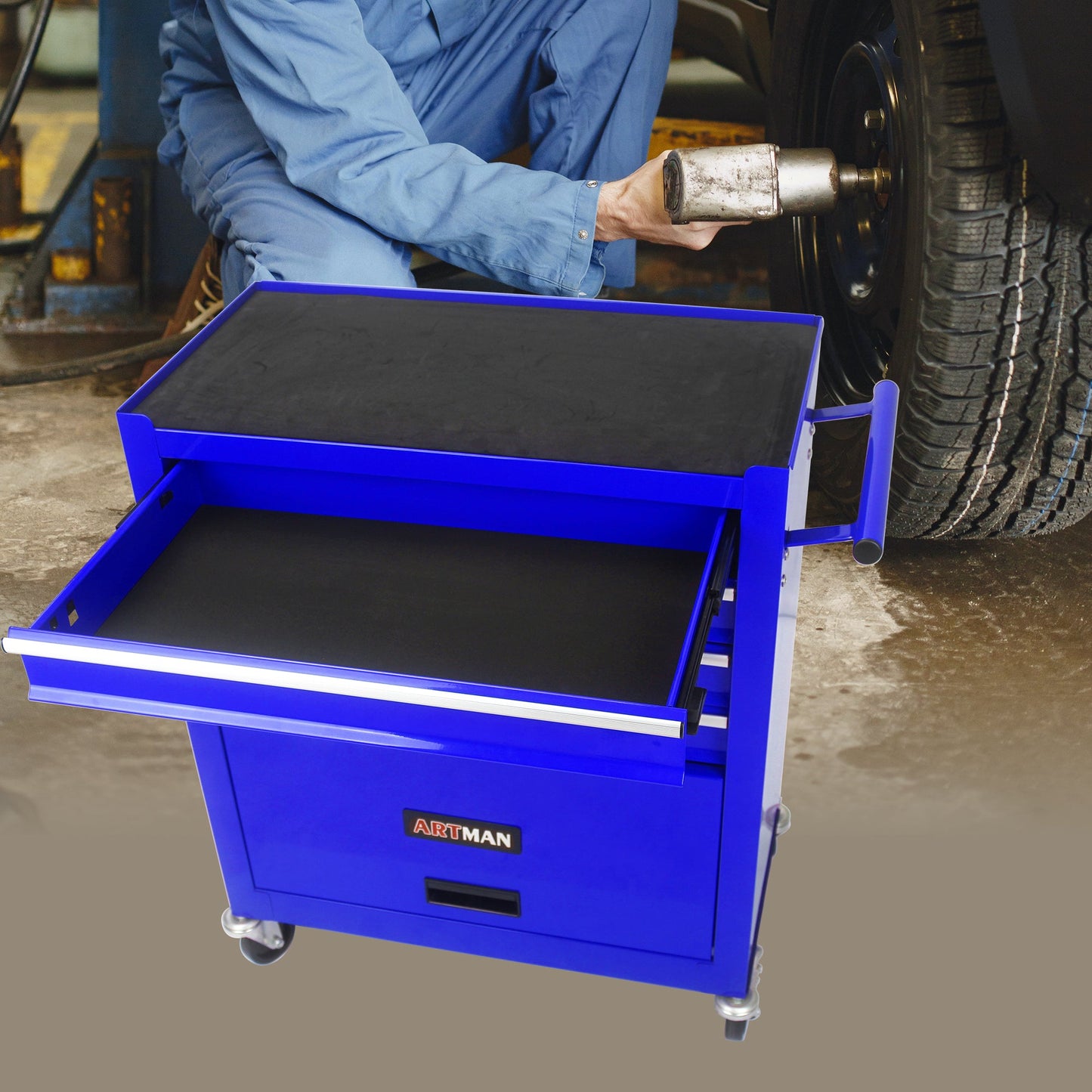 4 Drawers Multifunctional Tool Cart With Wheels-Blue