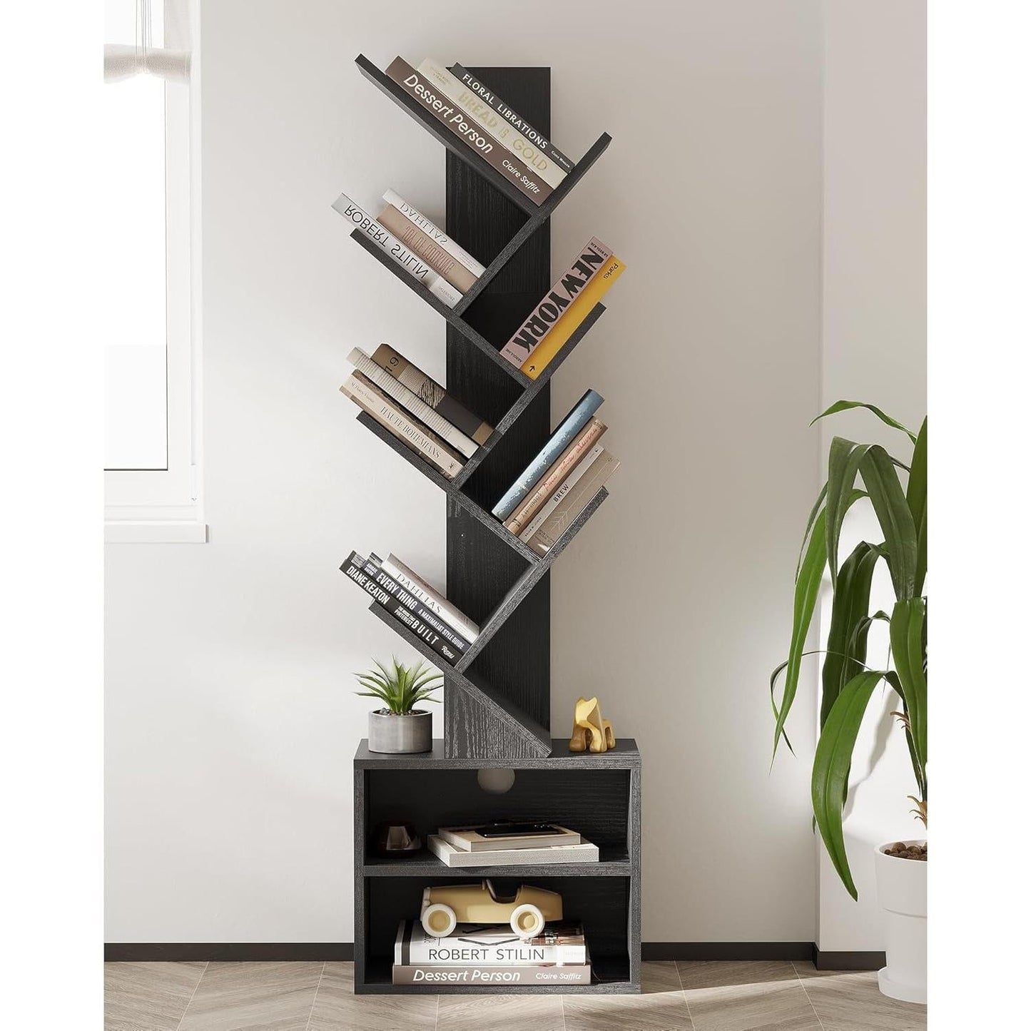 6 Tier Tree Bookshelf Black Floor Standing Storage Cabinet