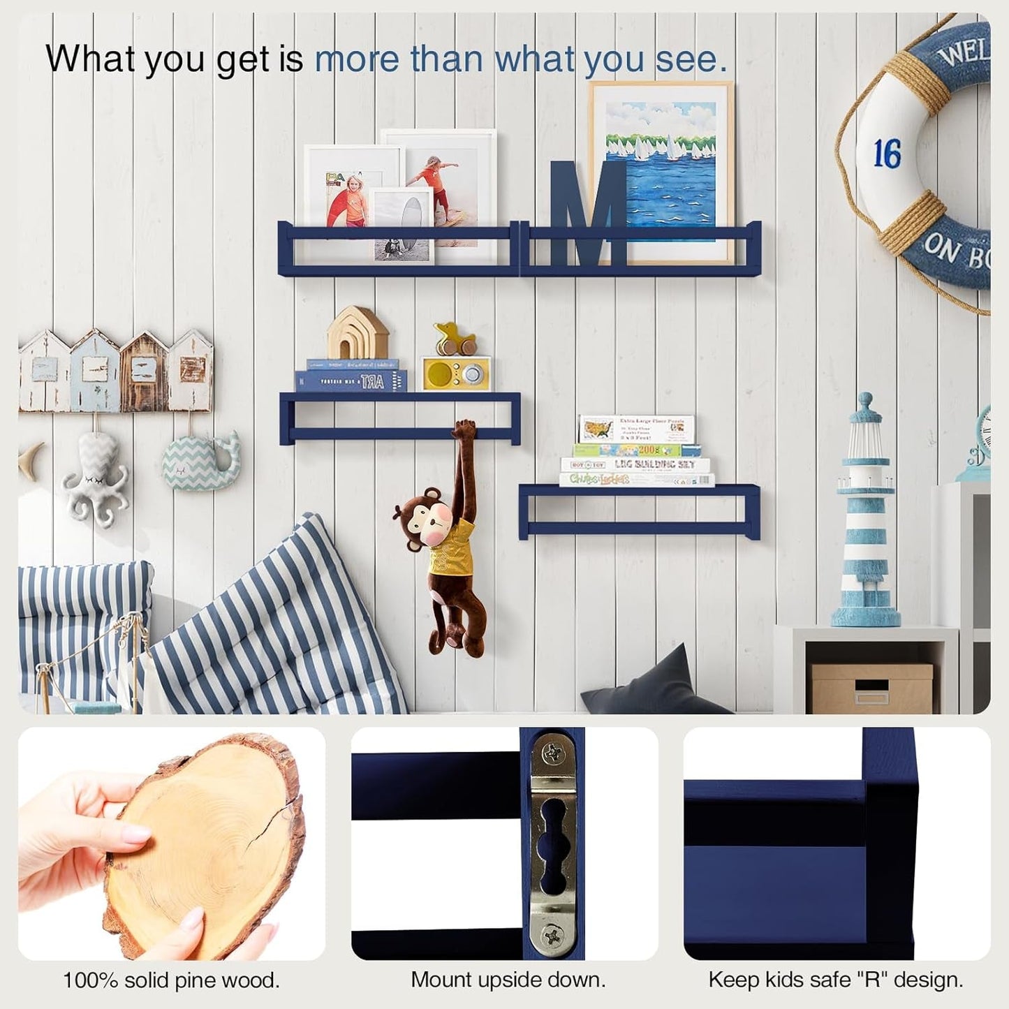 Navy Blue Floating Book Shelves Set of 4 Wall Mounted