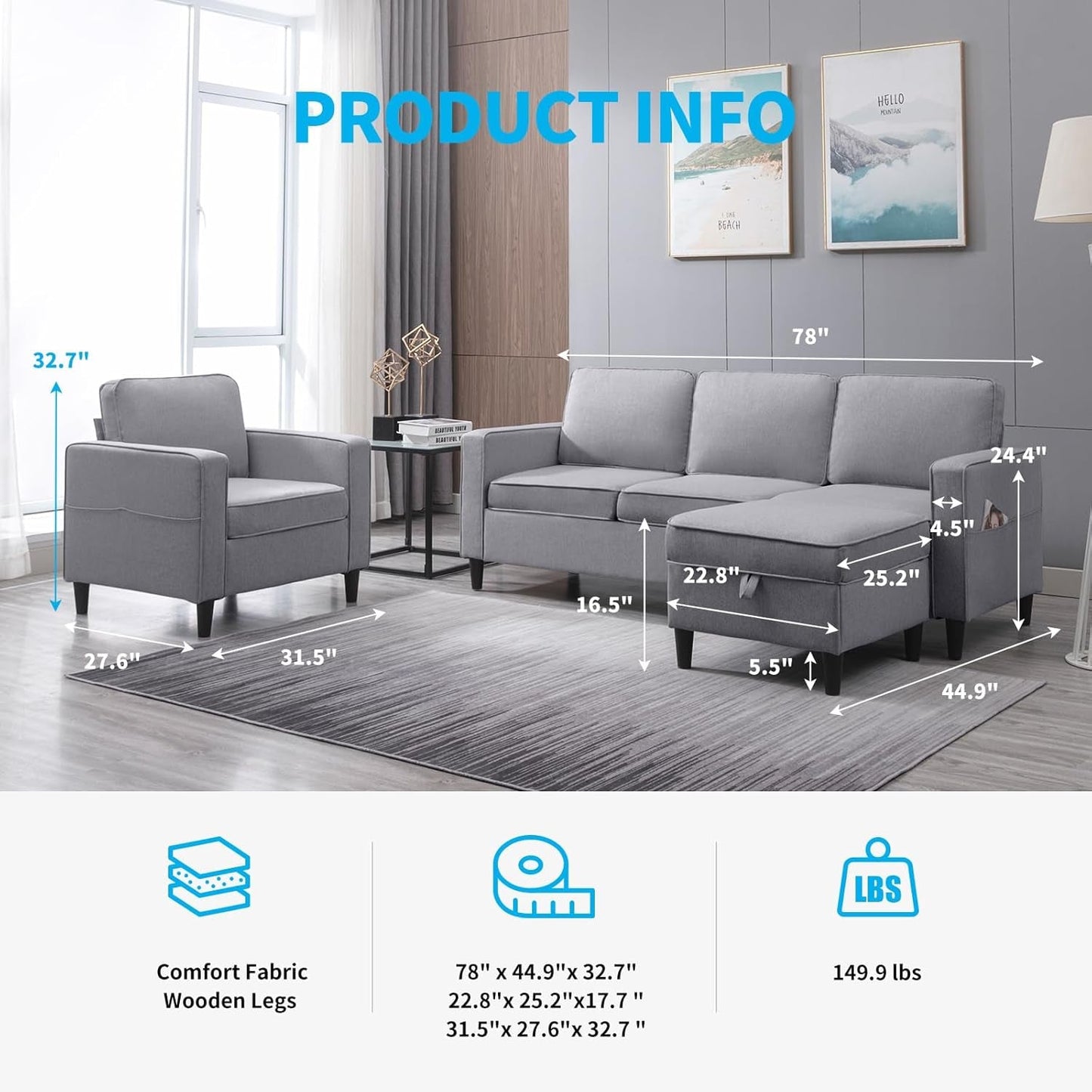 Light Grey Convertible Sofa Set With Storage Ottoman