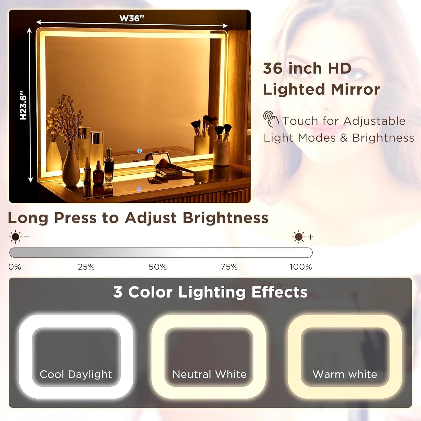 48" Modern Fluted Makeup Vanity Desk with Large 36" Mirror & Lights,