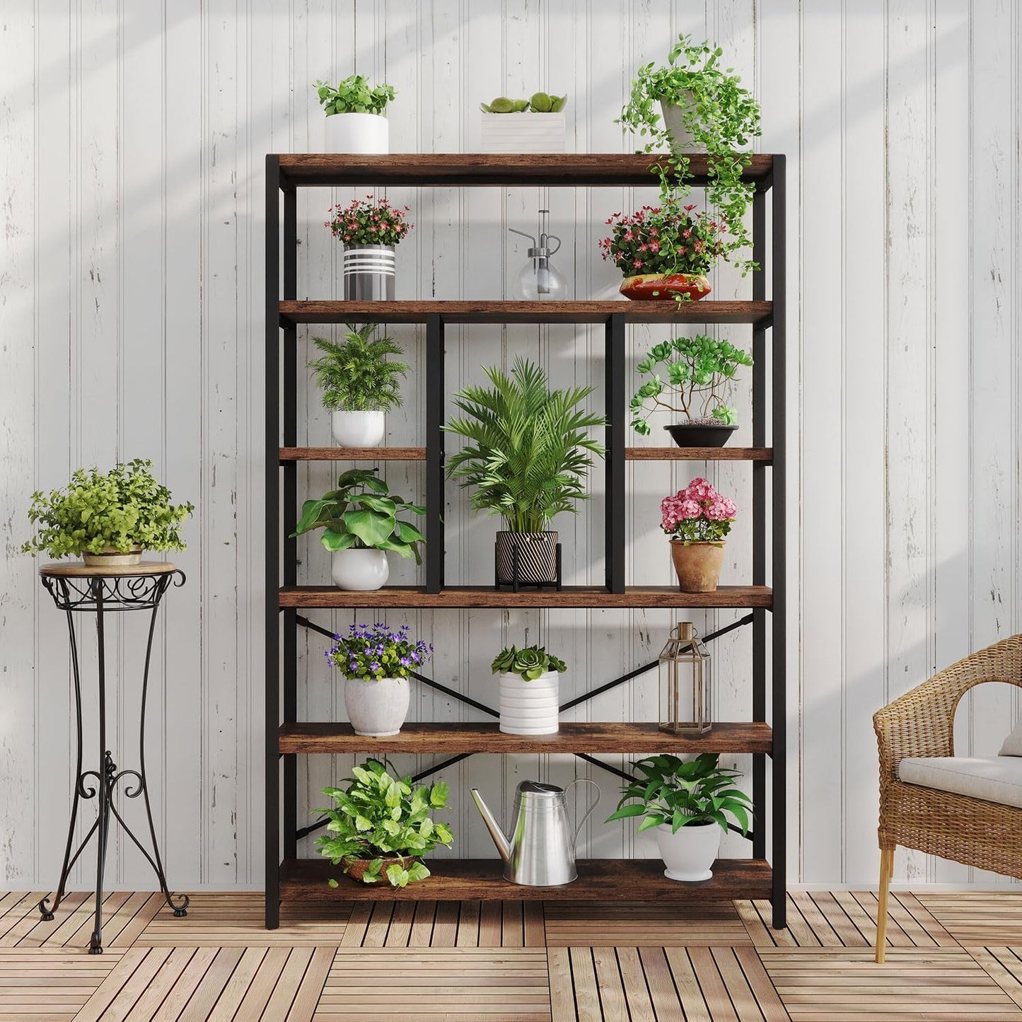 Rustic Industrial 6 Tier Bookcase Brown Wood Black Metal