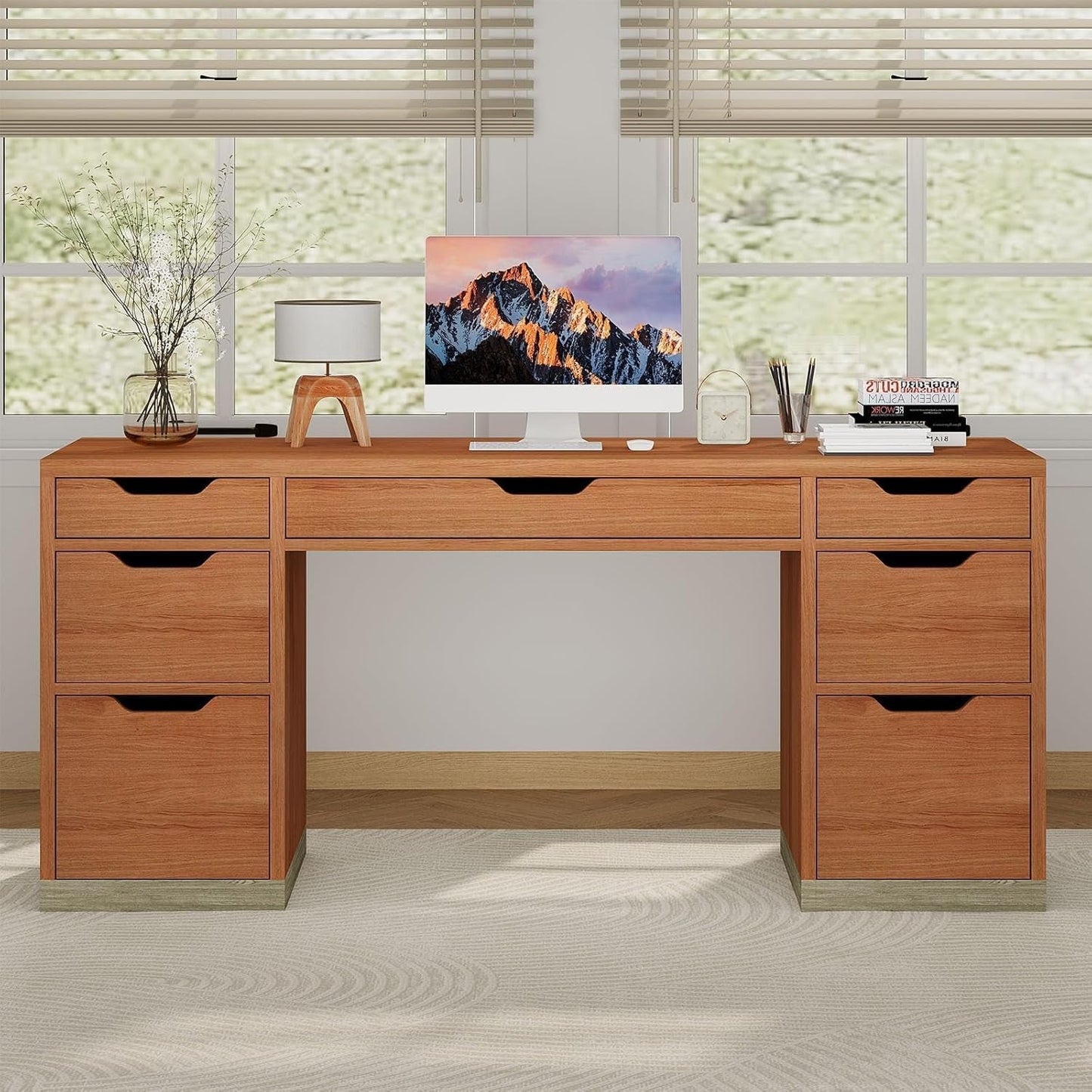 54 Inch Walnut Finish Executive Desk With Seven Drawers