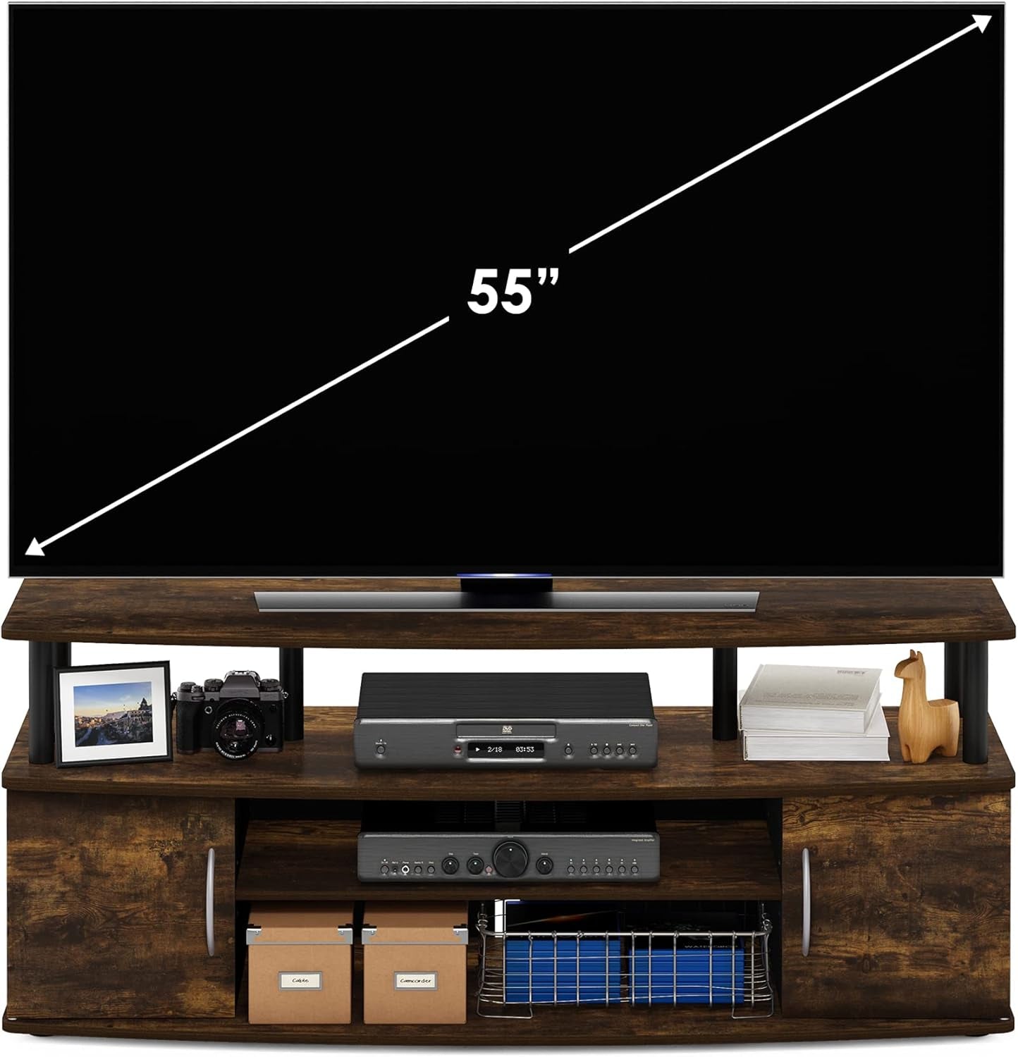 Jaya Amber Pine TV Stand for 55 Inch TV Open Shelves Black